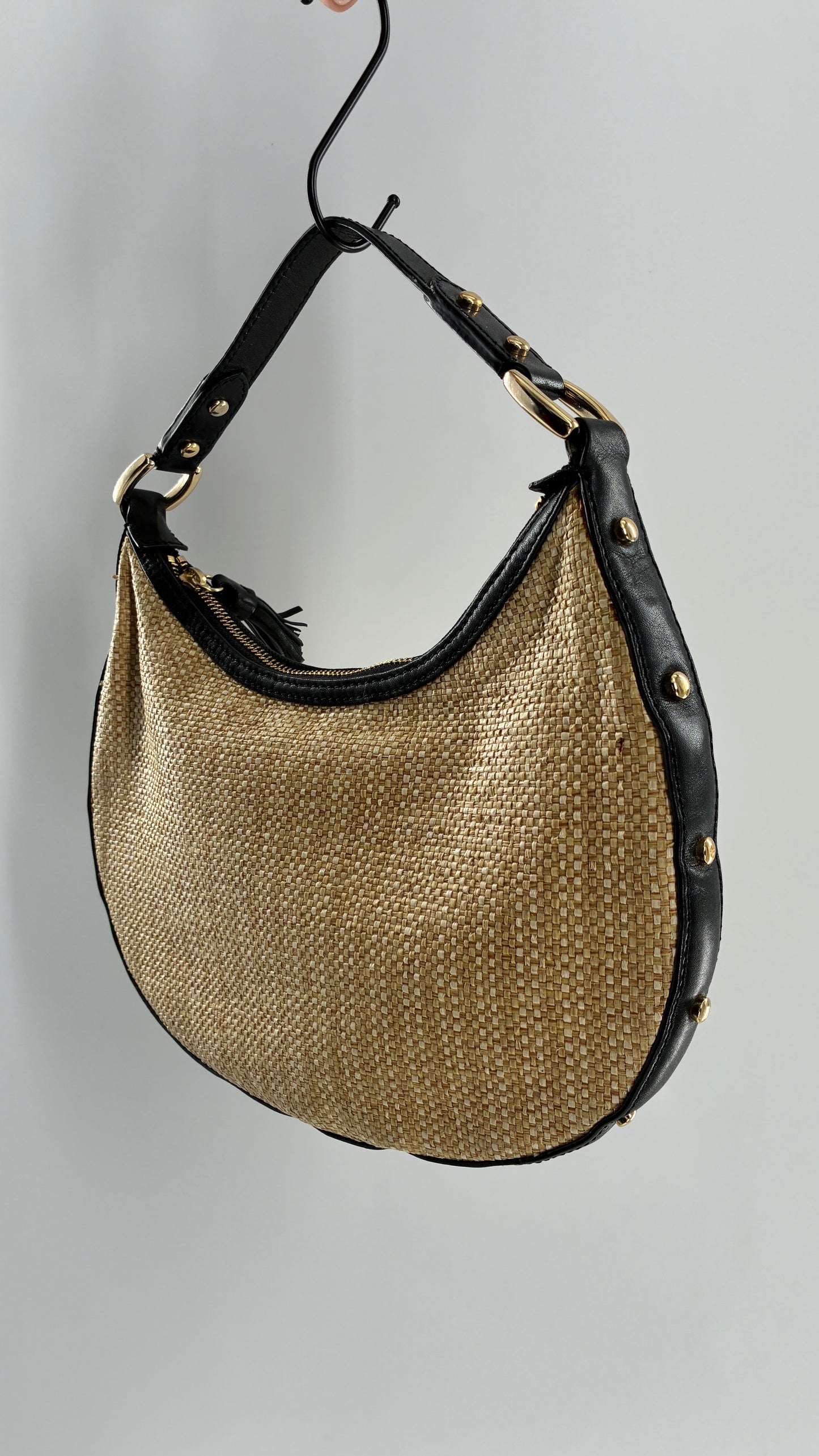Vintage COLE HAAN Straw Shoulder Purse with Black Leather, Gold Studded Trim