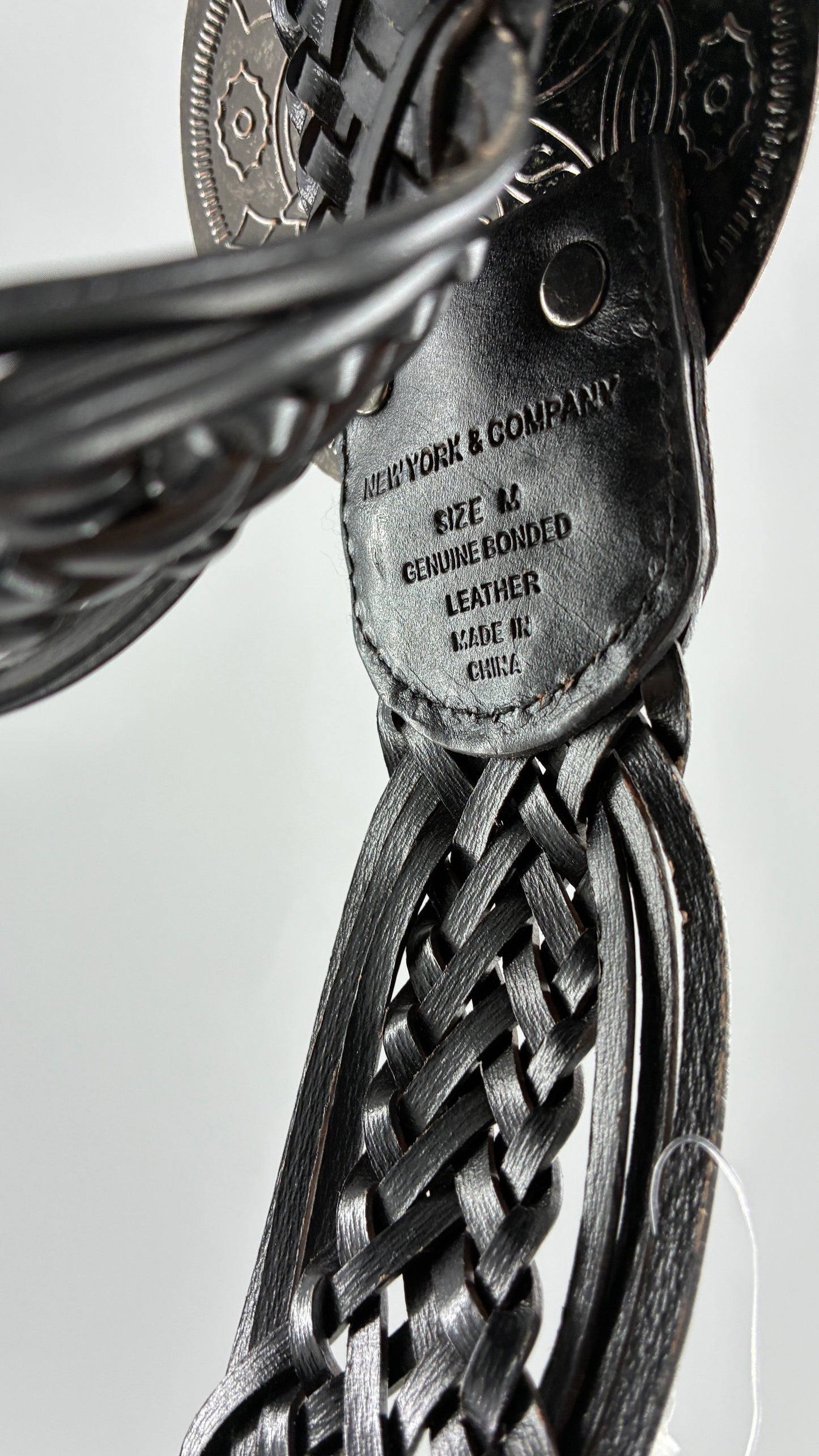Vintage New York & Company Black Braided Leather Belt with Engraved Metal Buckle (Medium)