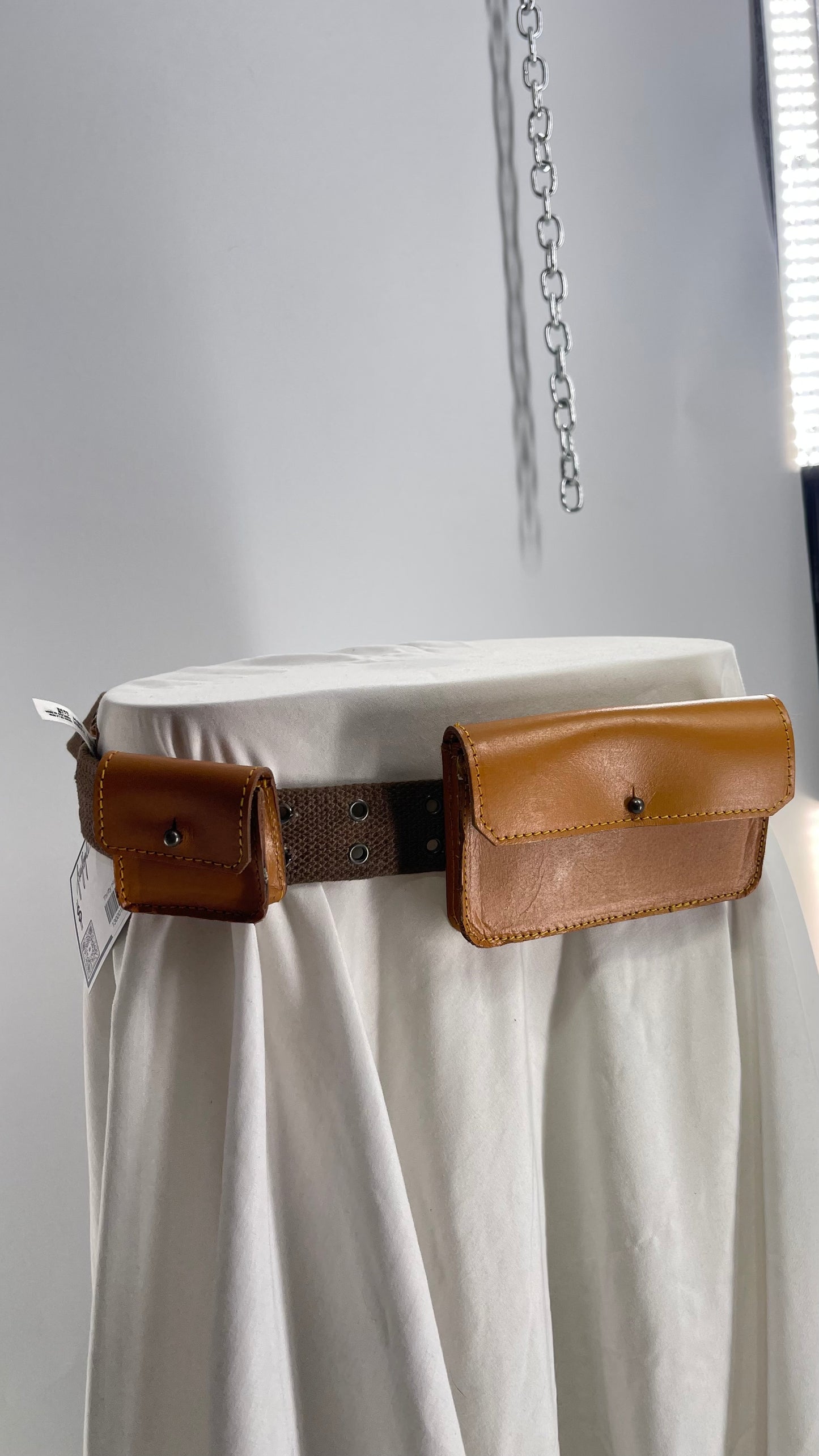 Free People Grommet Canvas Belt with Tan Leather Pouches (M/L)