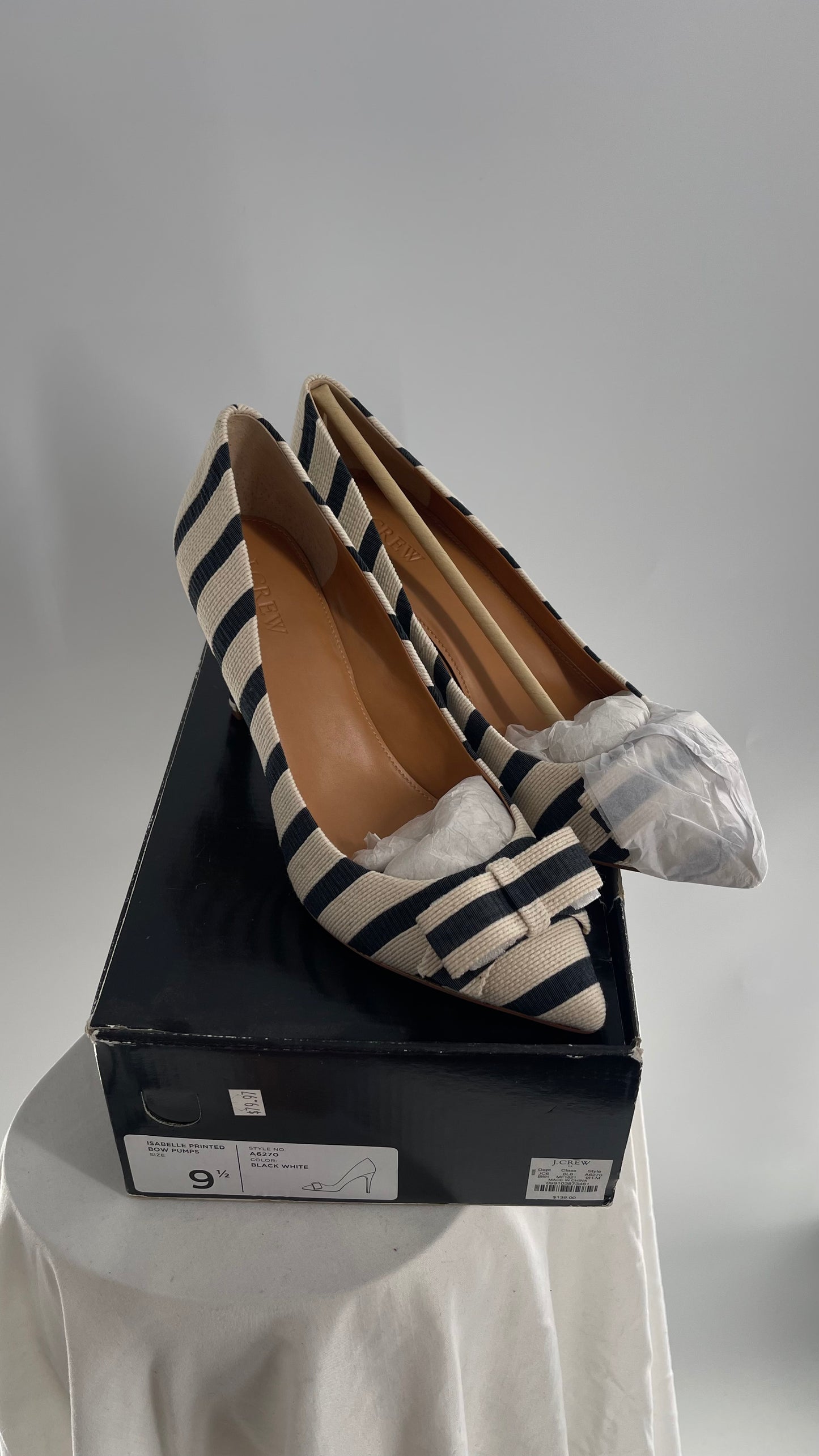 JCREW Cloth Off White and Blue Striped Bow Front Heel (9.5)