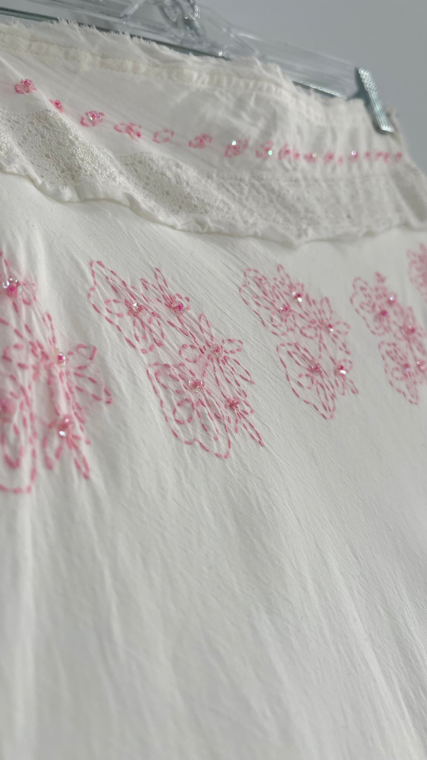 Vintage La Belle White Tiered Maxi Skirt with Pink Embroidery (9)