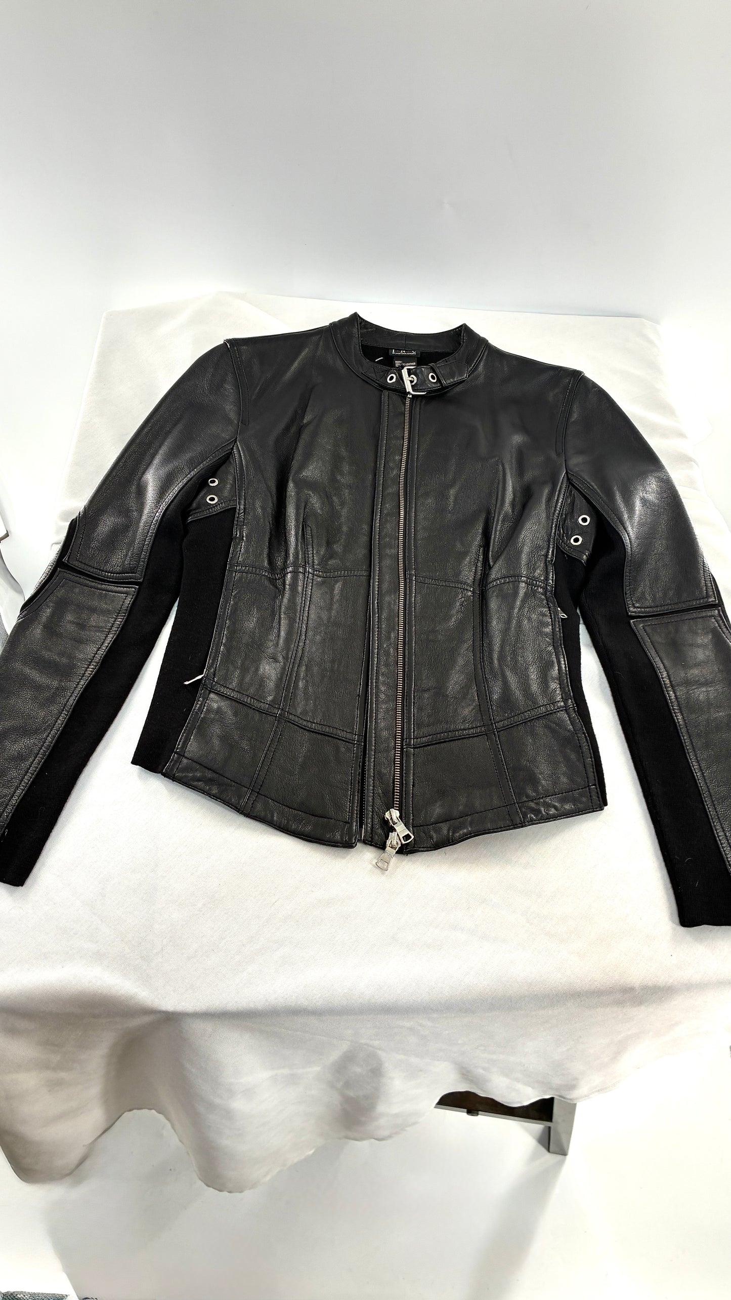 Vintage INC Black Genuine Leather and Wool Blend Paneled Patch Motorcycle Jacket (Medium)
