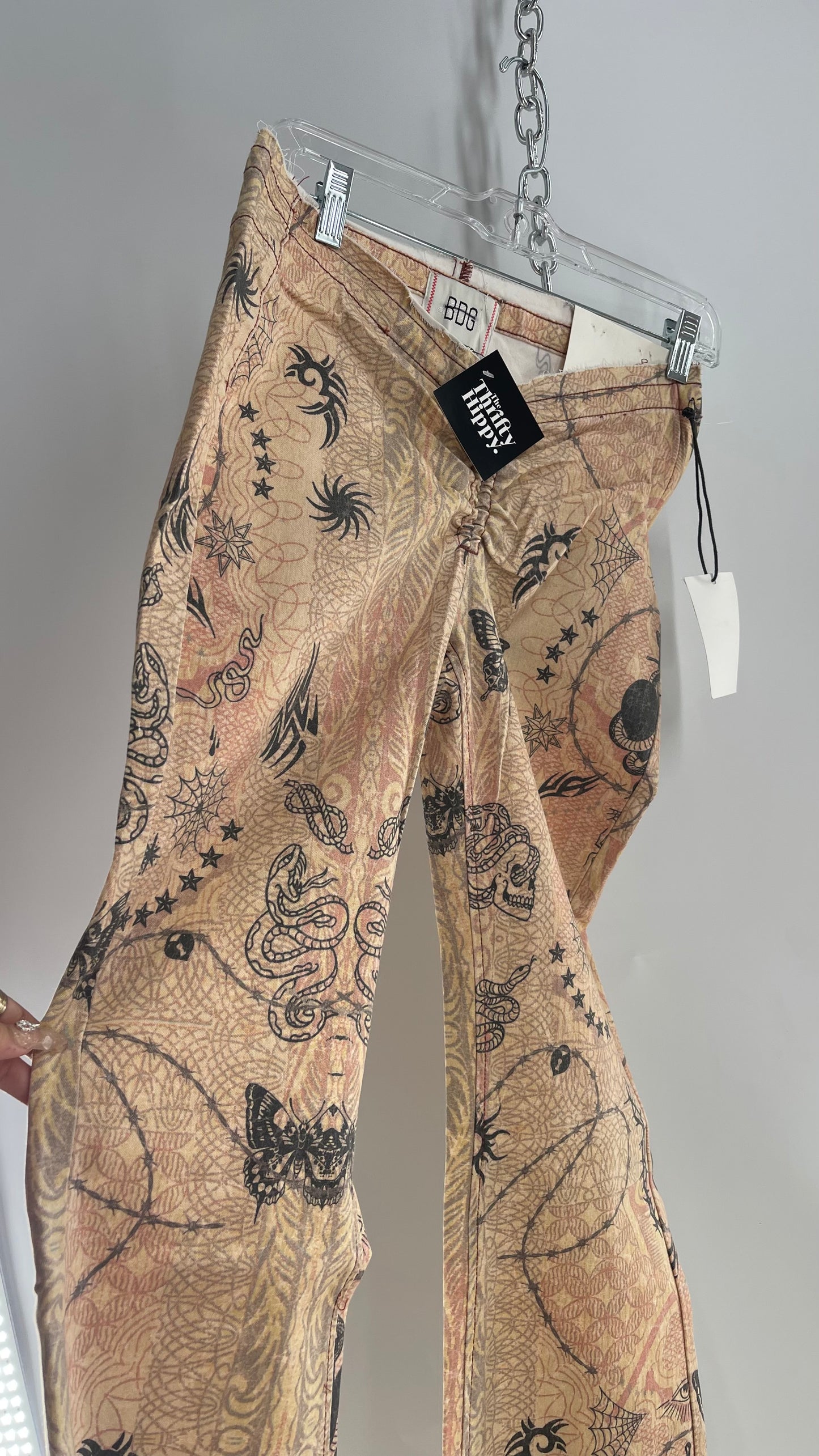 BDG Tan Flare Scrunch Front Flared Bell Bottoms with Tattoo Graphics and Tags Attached (27)