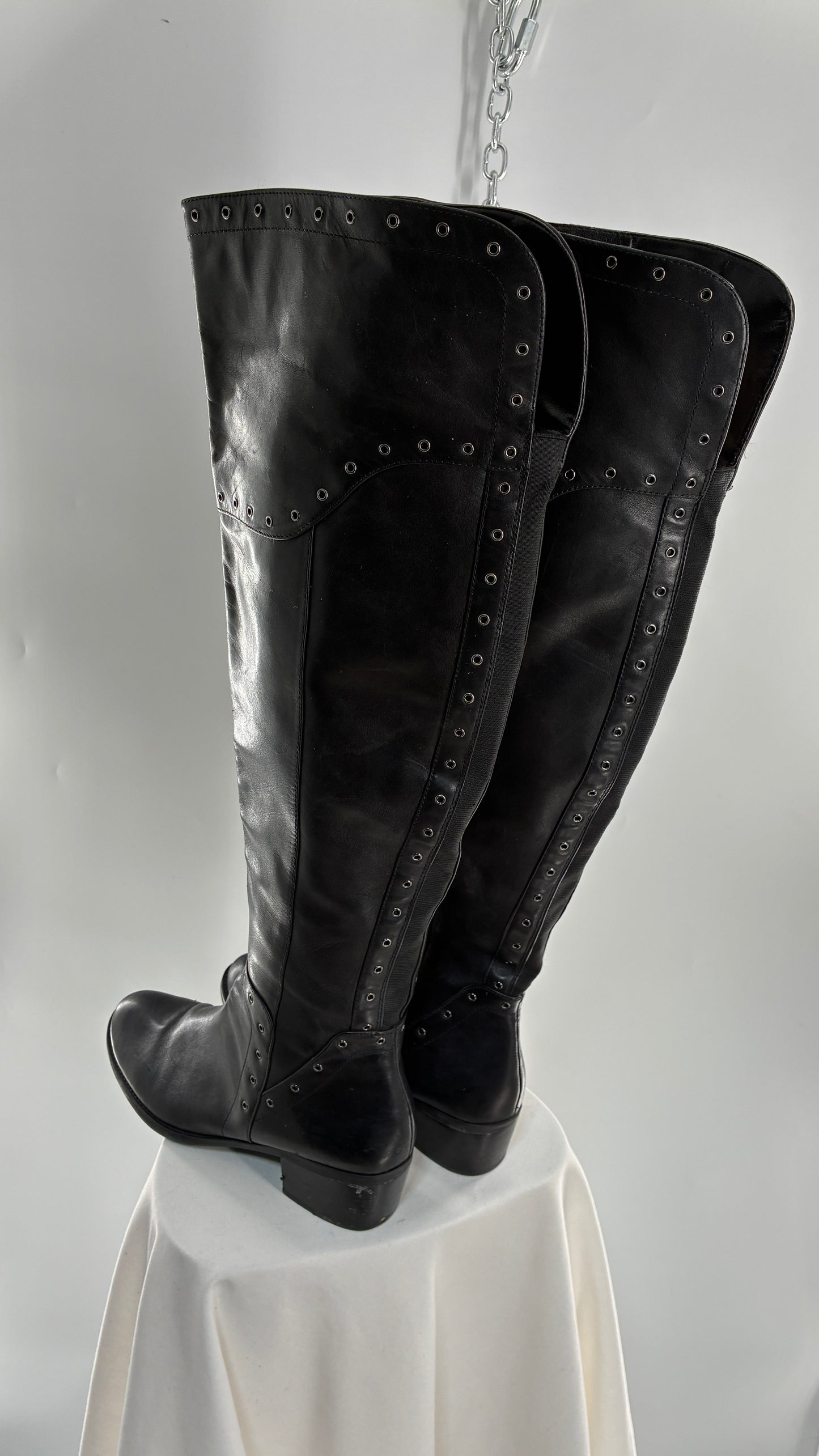 VINCE CAMUTO Genuine Leather Black Over the Knee, Thigh High Boots with Studding Details (11/41)
