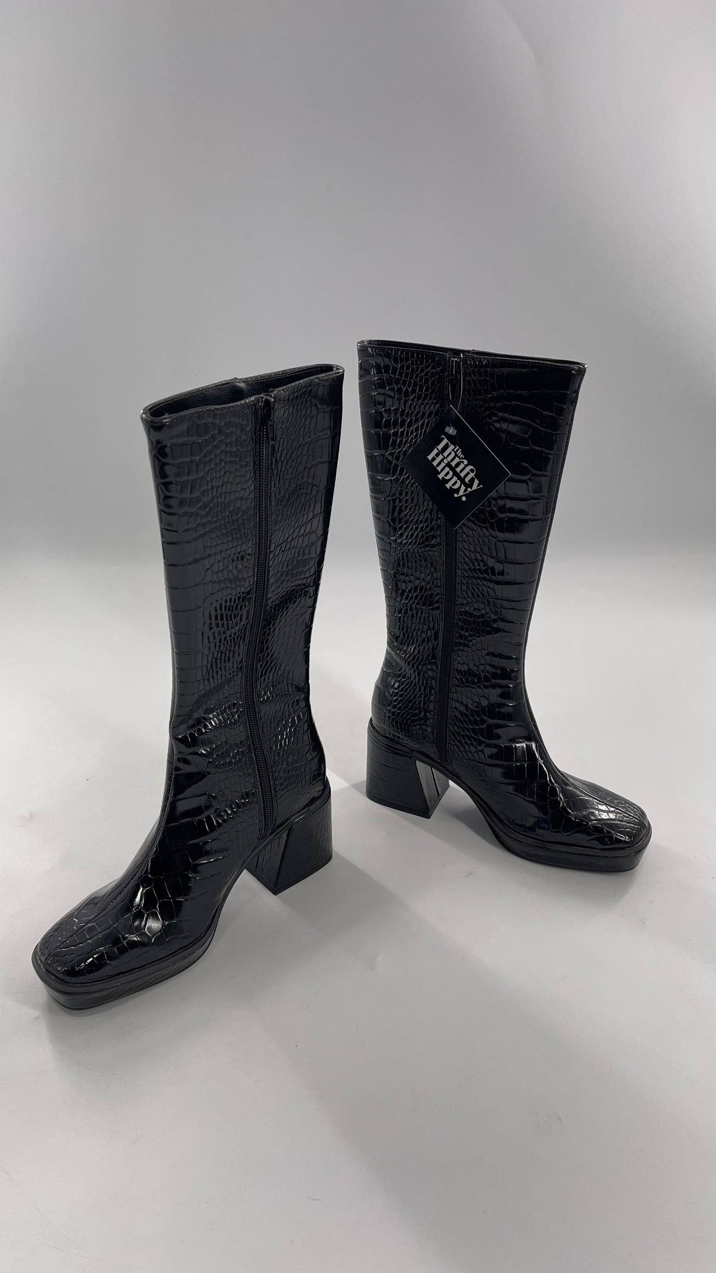 Urban Outfitters Black Crocodile Embossed Knee High Heel Boots (6)