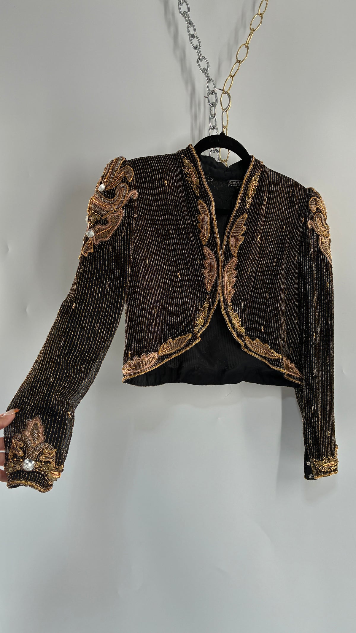 Vintage CREATIVE CREATIONS Black Blazer with Intricate Gold Beading (Medium)