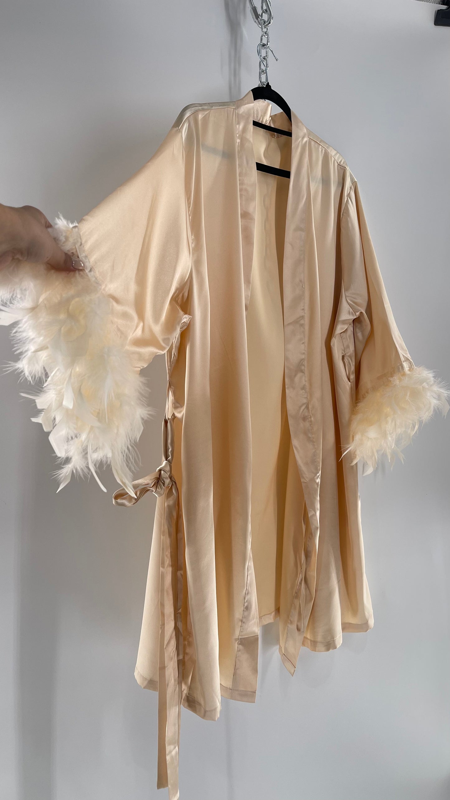 Champagne Satin Loungewear 2piece Set with Ostrich Feather Trim (3XL)