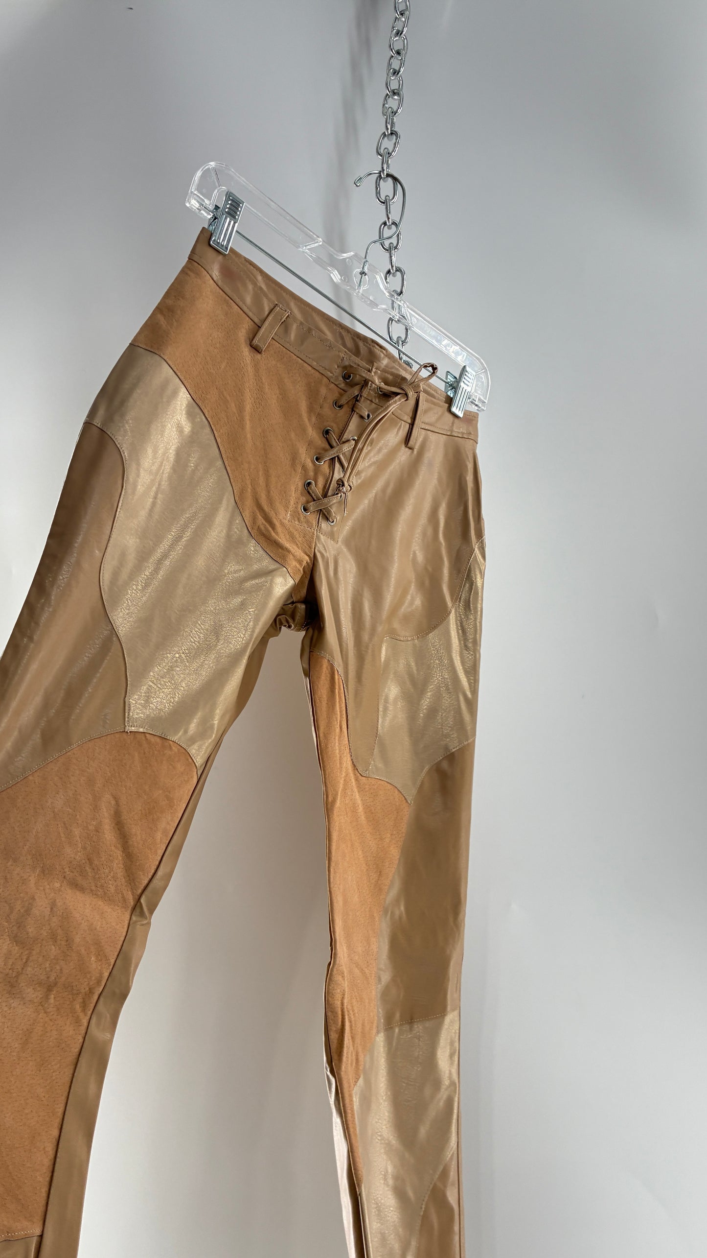 Vintage OUTER EDGE Patchwork Vegan Leather Kickflares with Tie Up Waistline (5)