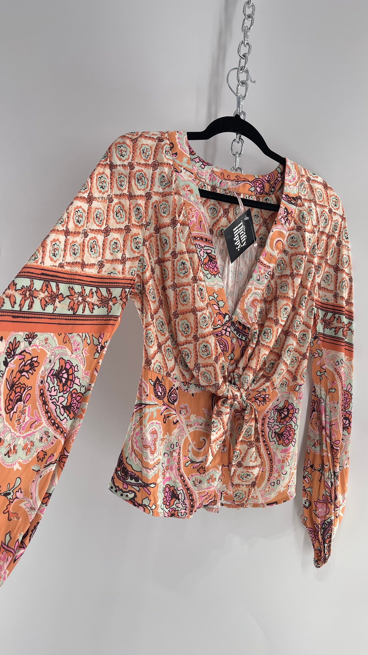 Free People Orange Pastels Paisley Blouse with Bust Tie and Balloon Sleeves (XS)