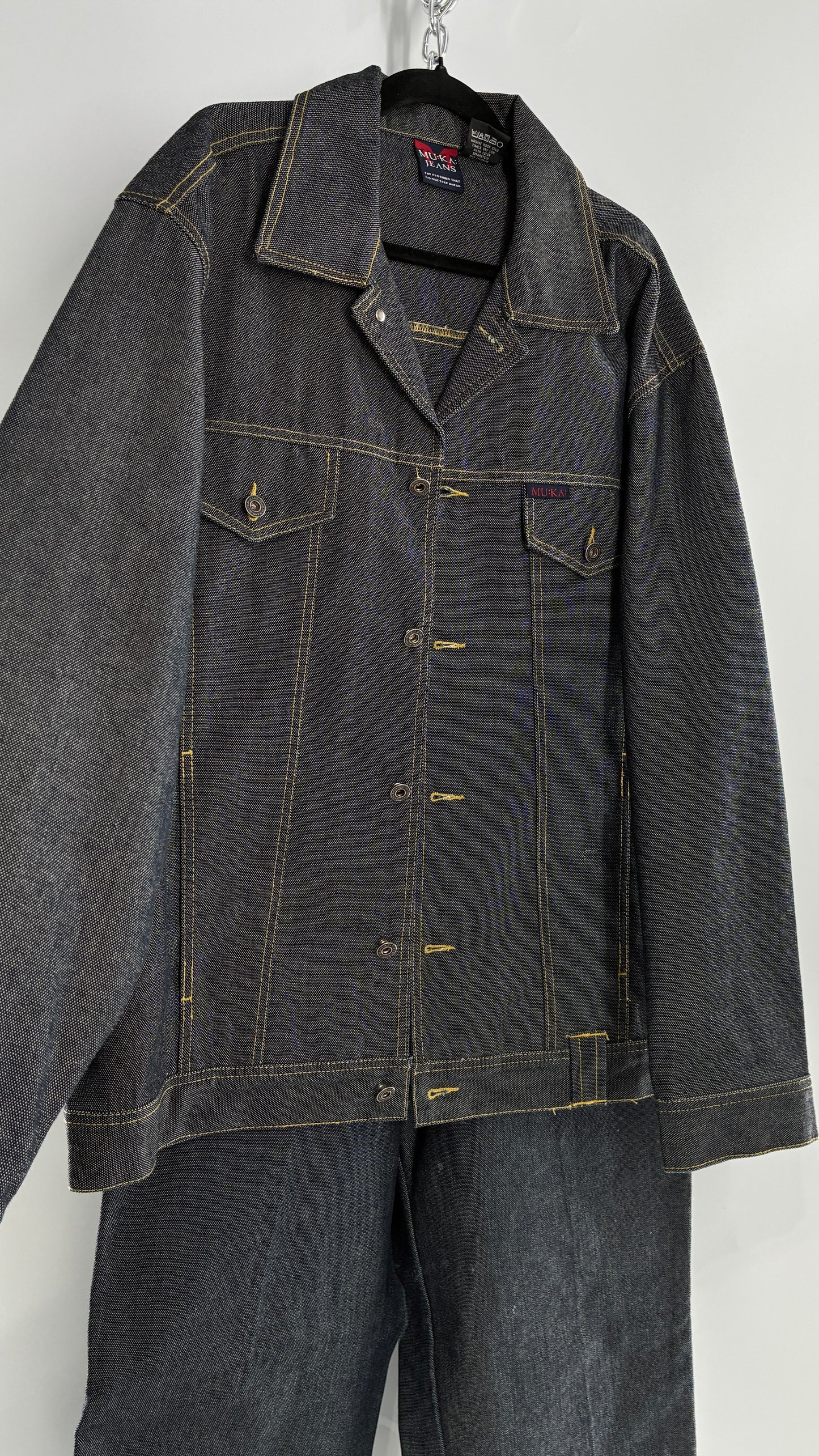 Vintage 1990s MU:KA: JEANS Men’s Dark Wash Japanese Style Denim Baggy Straight Legs and Oversized Jacket Set (L, 32x32)