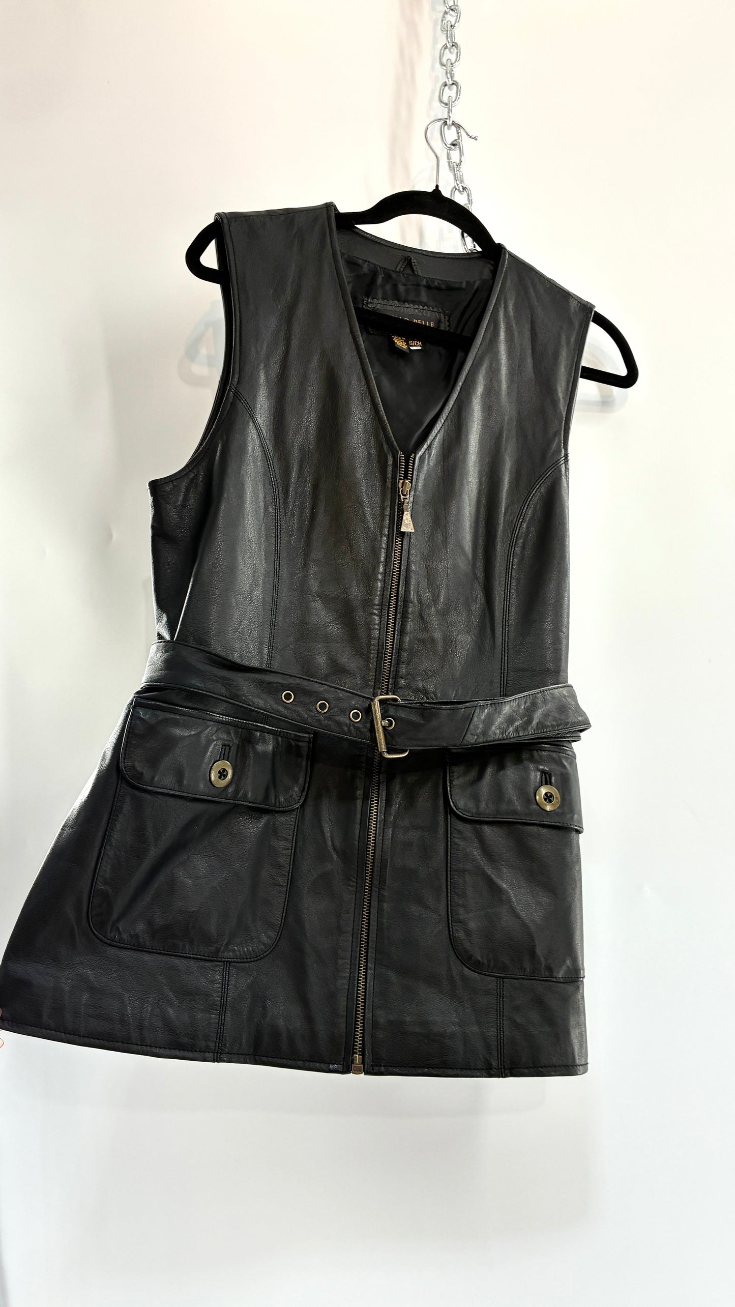 Vintage OTELLO PELLE Black Genuine Leather Belted Vest or Mini Dress Overlay (Small)