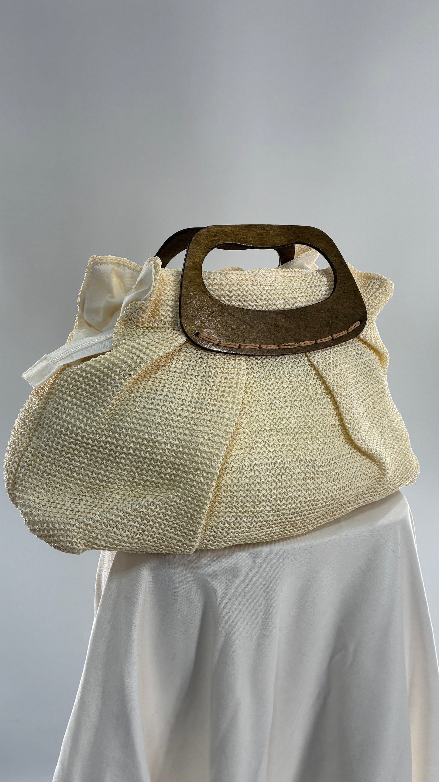 Off White Woven Clutch Bag with Wooden Handle Detail