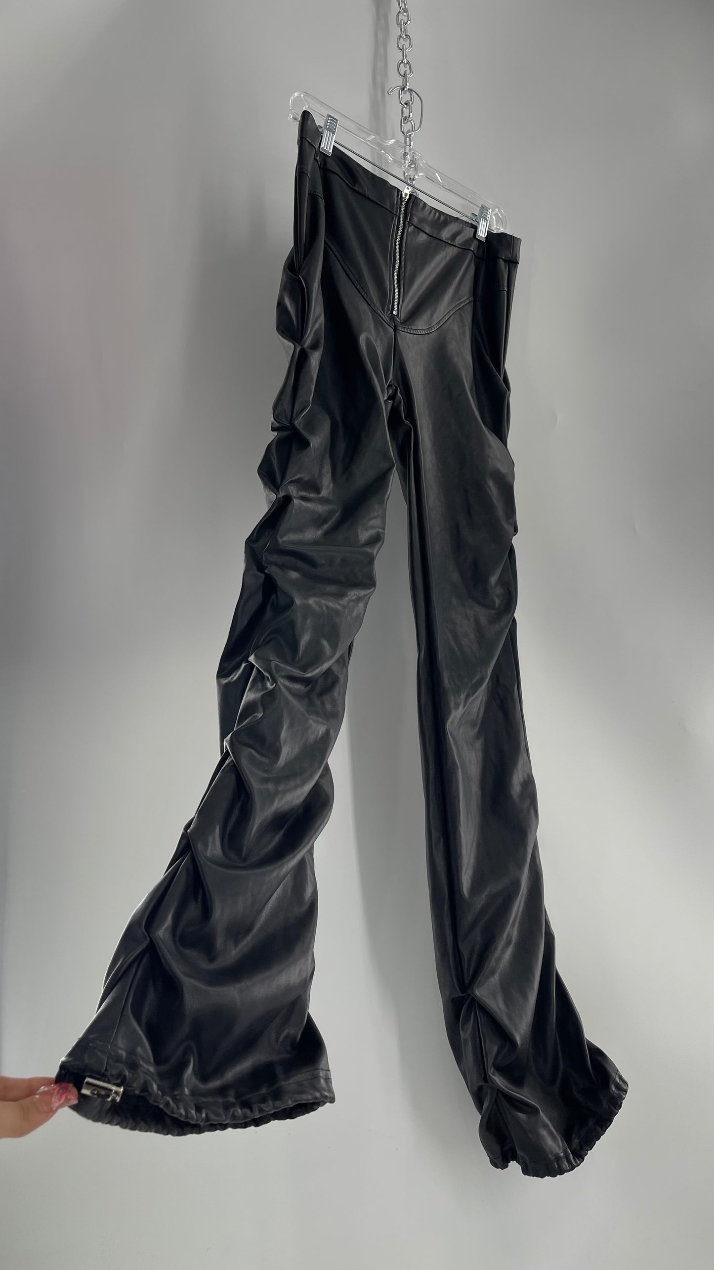 Vintage Black Faux Leather Stacked Flared Pant (29)