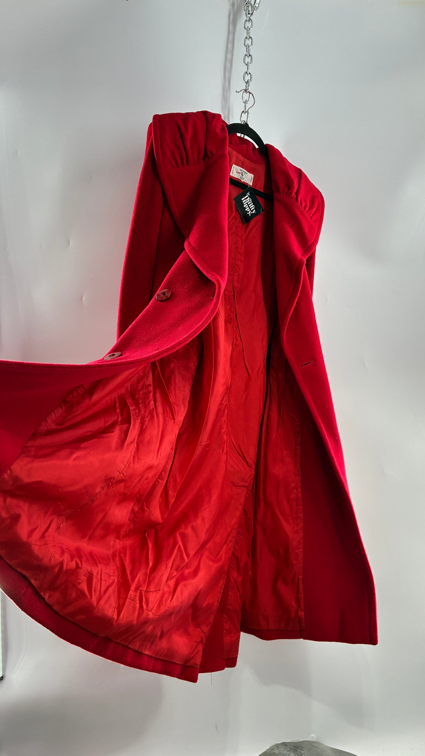 Vintage VALENTINO Miss V Red Sweeping, Tie Back and Pleated/Draped Collar Coat