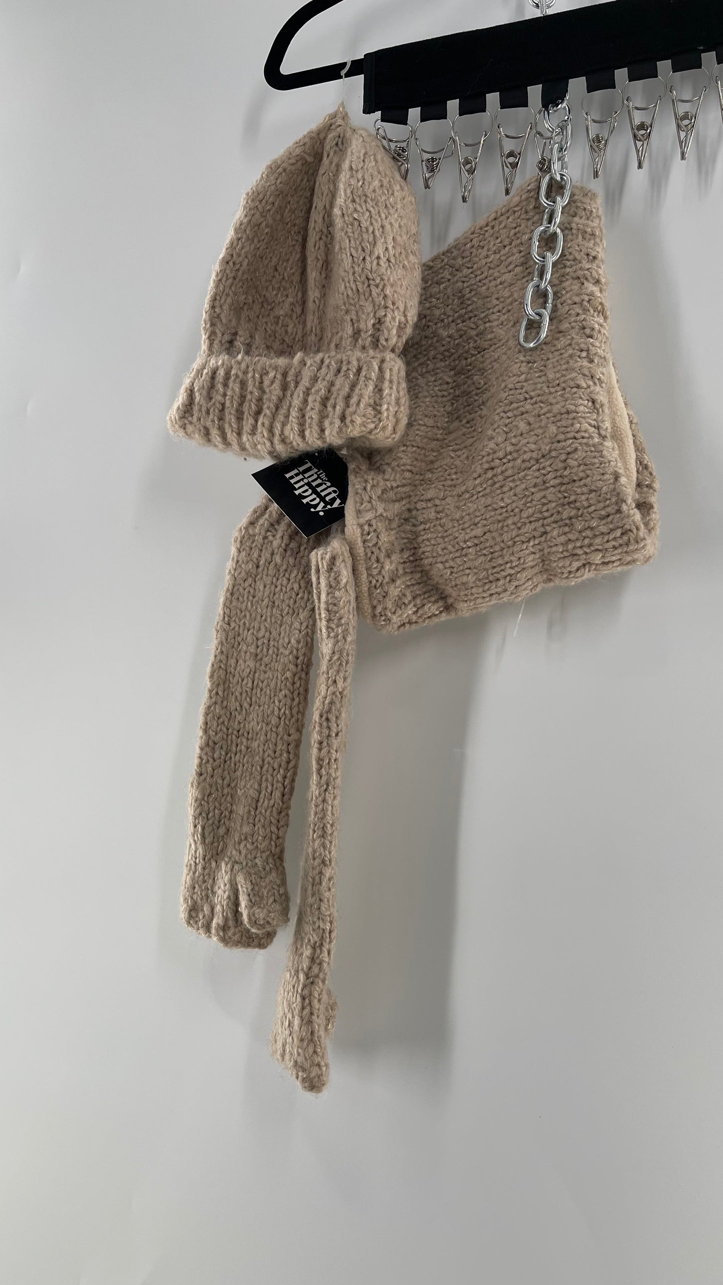 Free People Beige/Tan Knit Gloves, Hat and Scarf Set