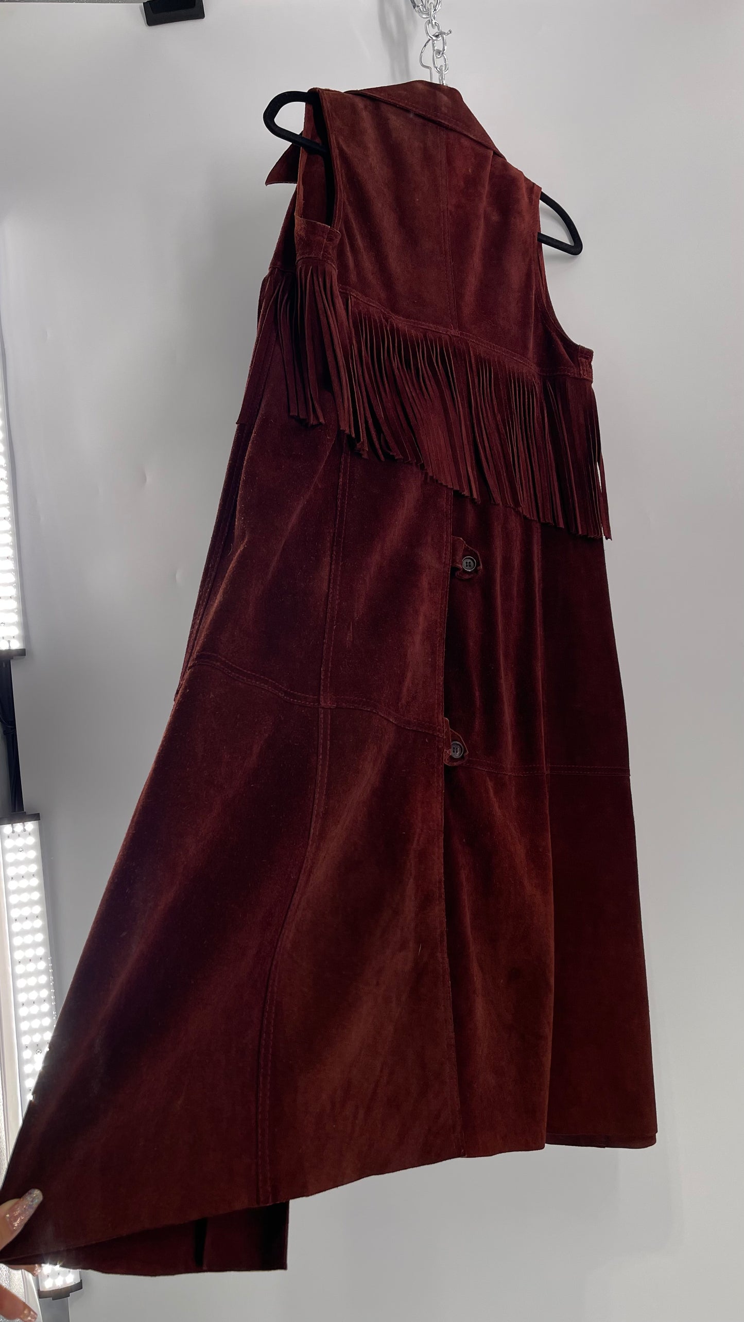 Vintage 1970s Suede Leather Full Length Reddish Brown Vest (S/M)