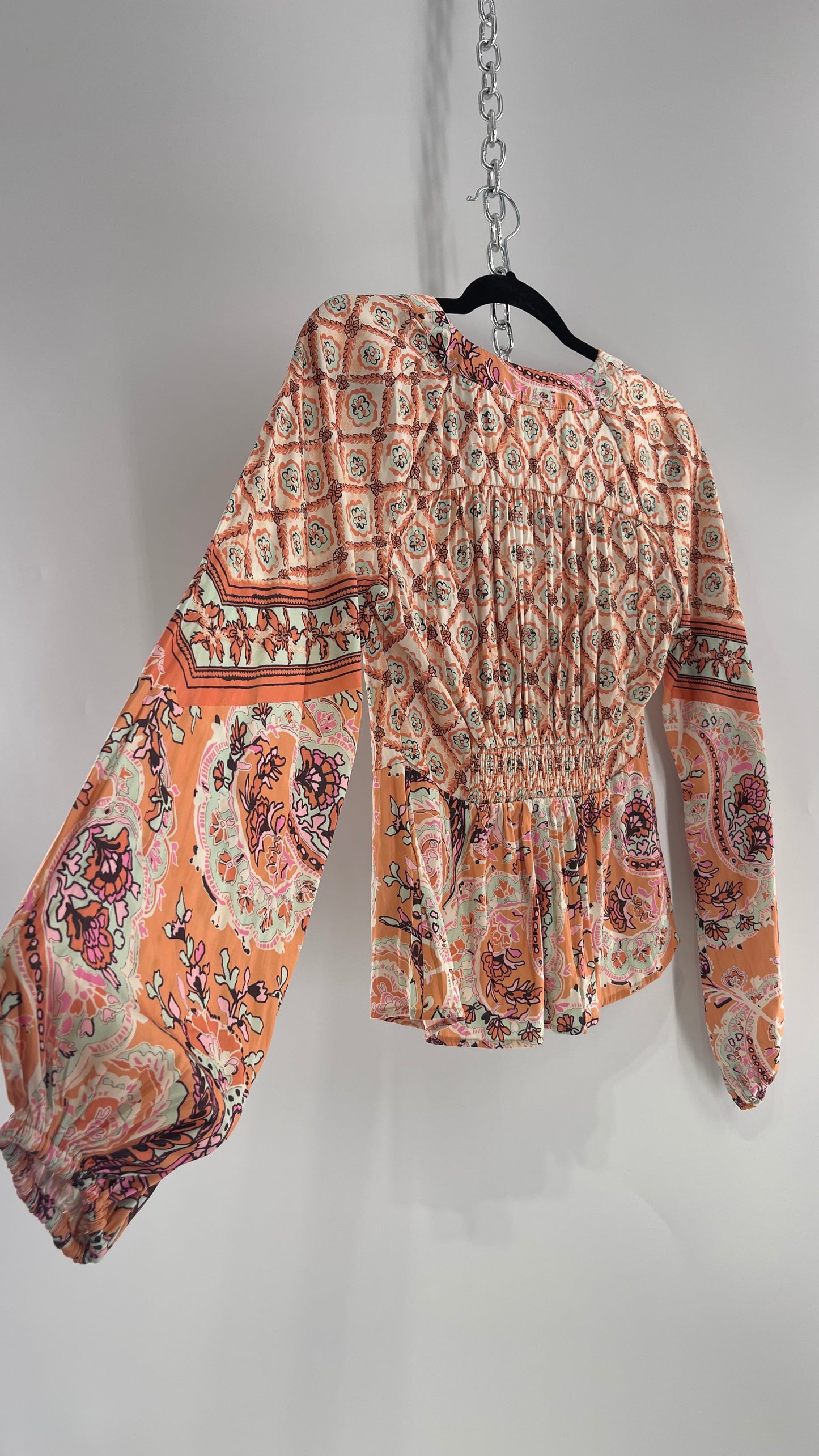 Free People Orange Pastels Paisley Blouse with Bust Tie and Balloon Sleeves (XS)