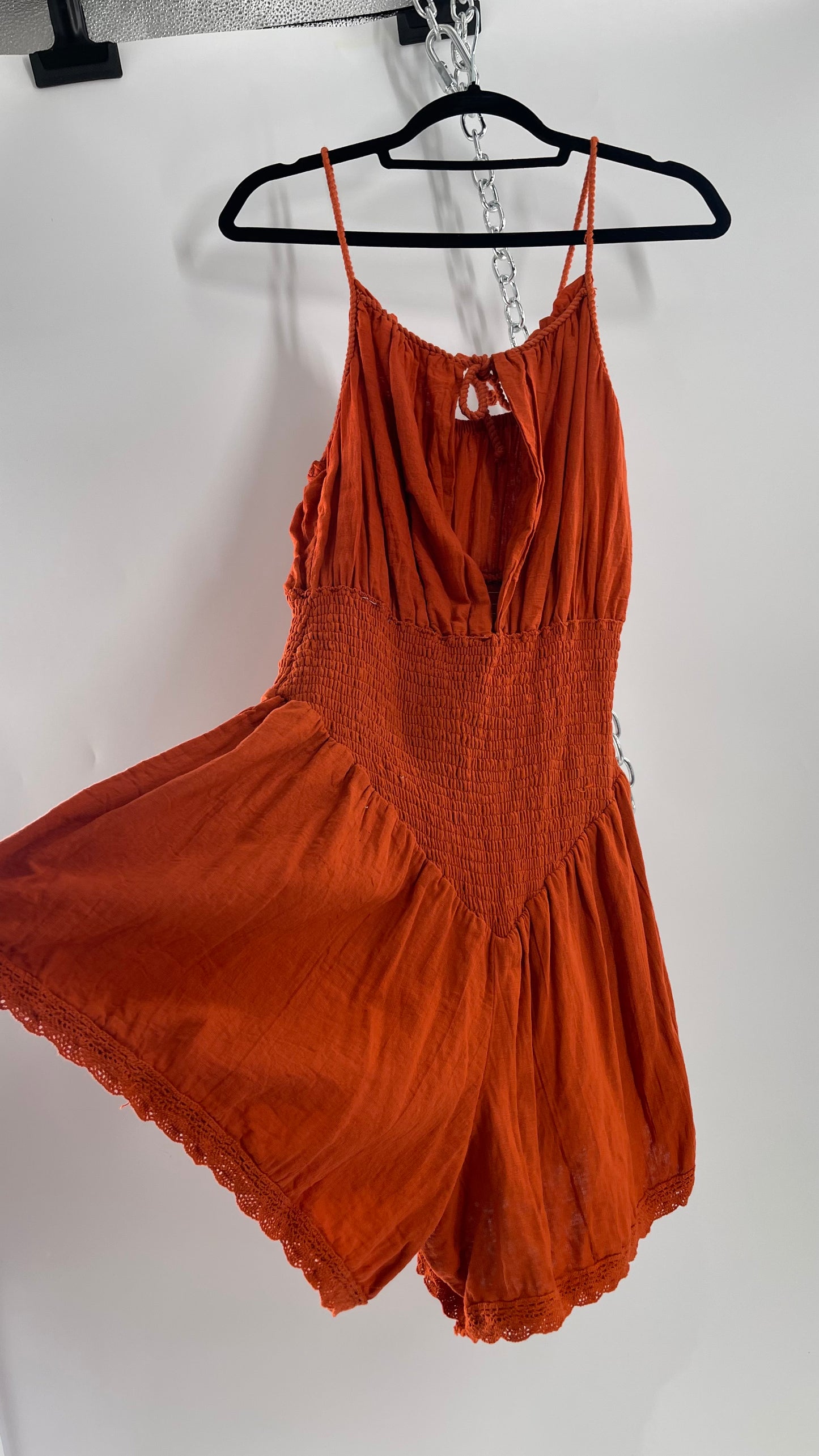 Free People Burnt Orange Smocked Pointed Waistline, Open Bust Jen’s Pirate Booty Romper Tags Attached 100% Cotton(XL)