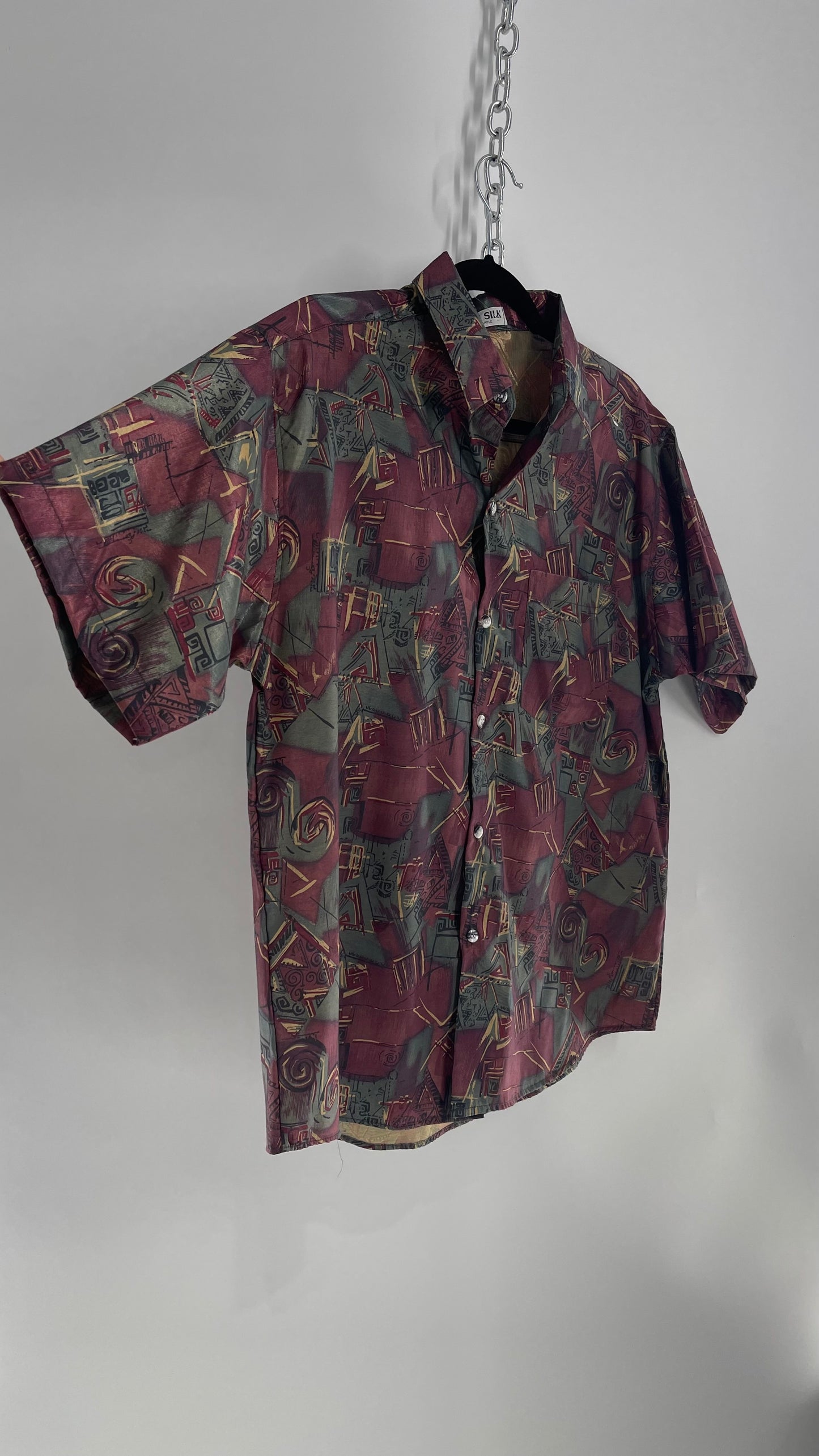 Vintage 1980s Thai Silk Burgundy Abstract Button Up (Medium)