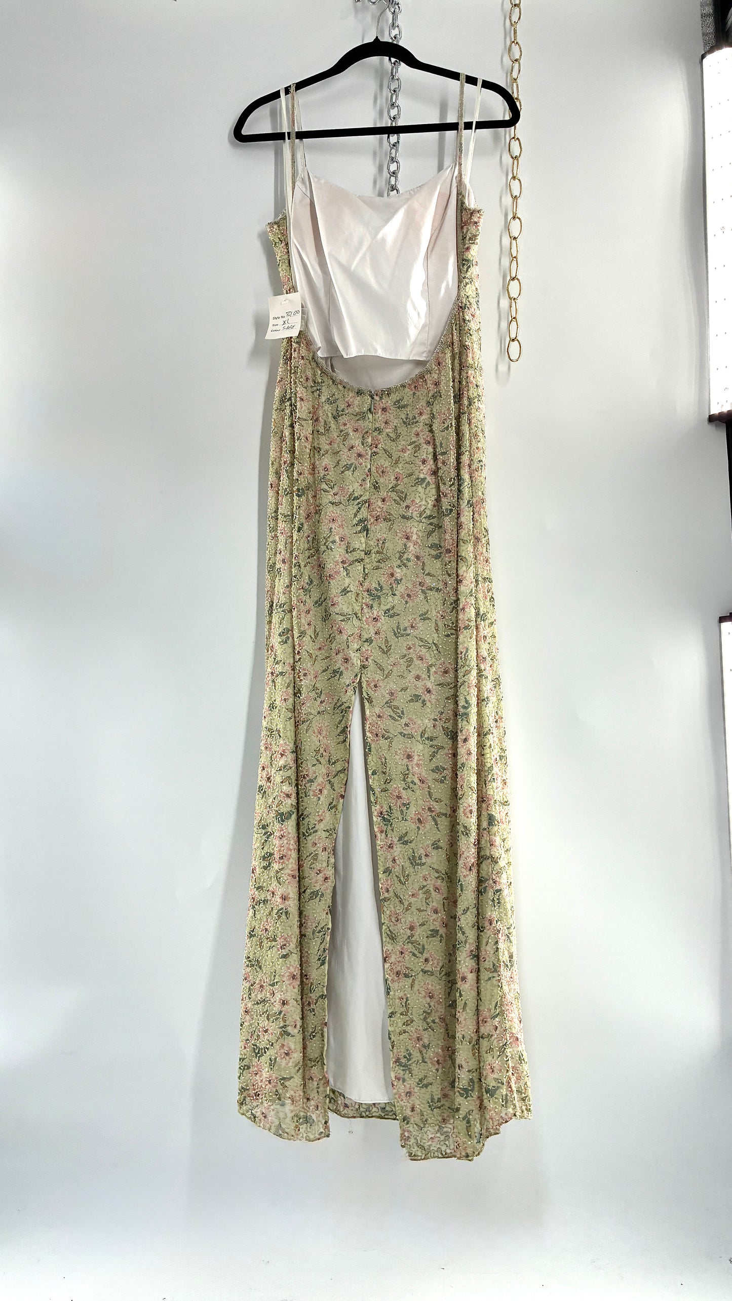 Deadstock Vintage Sage Green Beaded Floral Gown with Open Back, Built in Bust Padding, and Tags Attached (XL)
