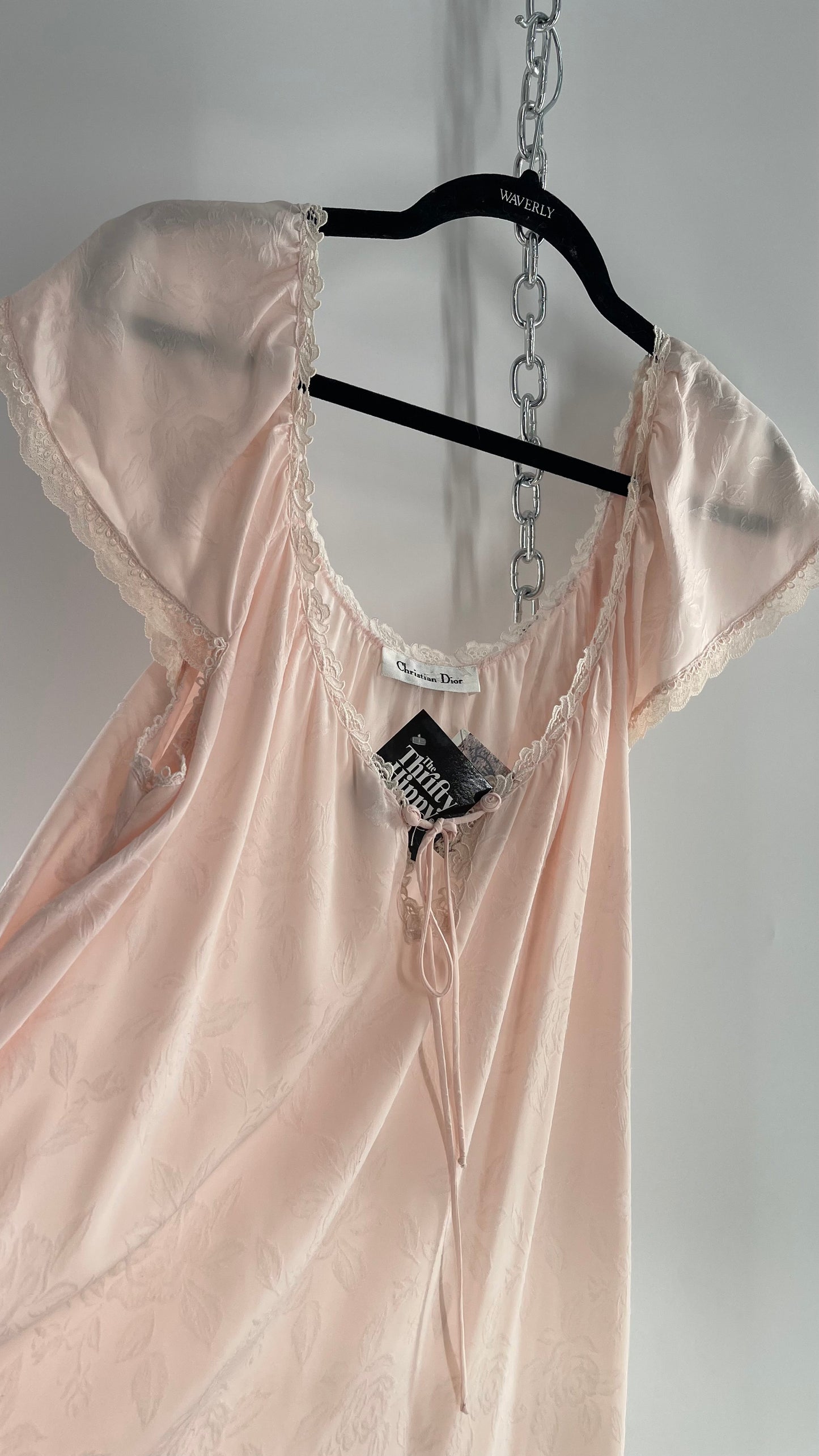 Vintage Christian Dior Pink Night Gown/ Maxi Dress with Floral Embossed Design, Lace Trim and Rosettes (Large)