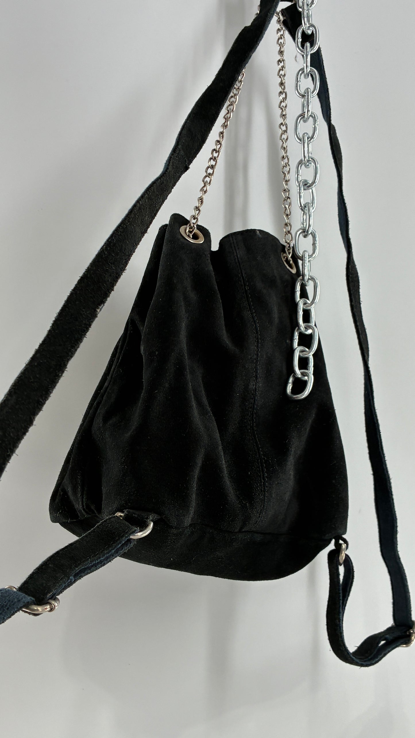 Black Genuine Suede Convertible Chain Link Backpack