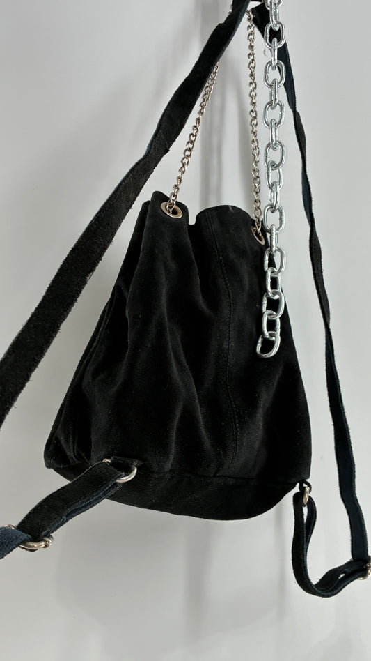 Black Genuine Suede Convertible Chain Link Backpack