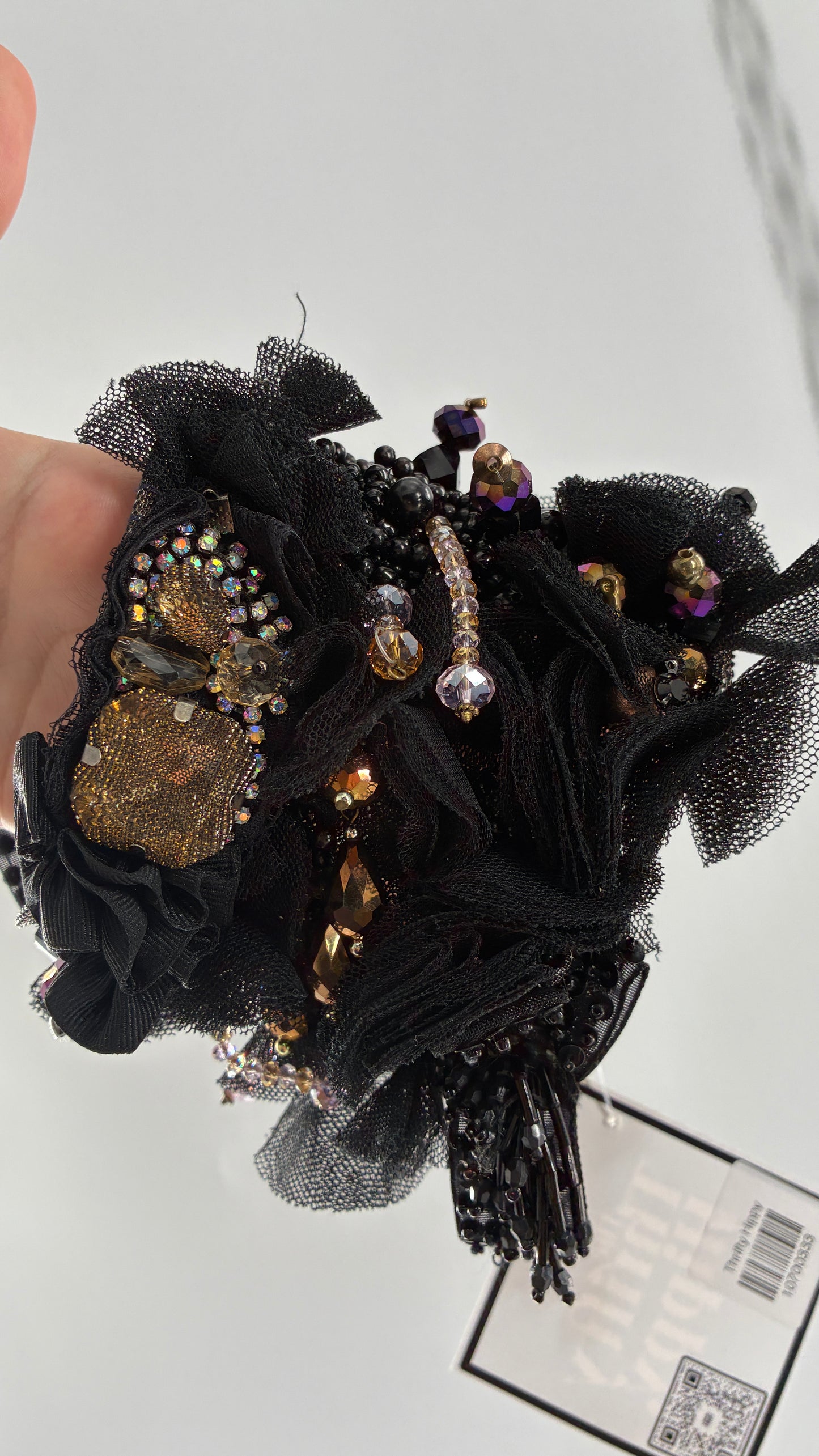 Vintage Black Tulle Jeweled Maximalist Statement Cuff Bracelet