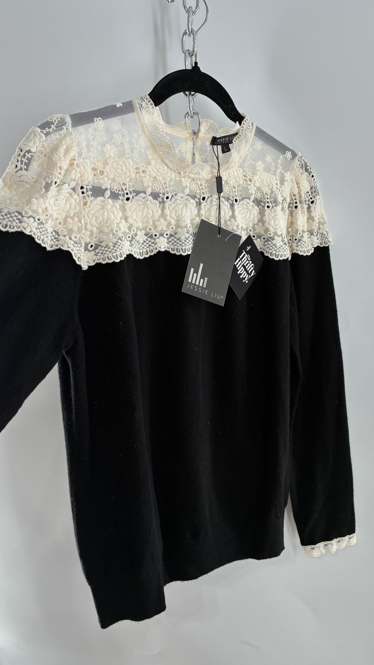 JESSIE LIU Amari Black 100% Merino Wool Sweater with Ivory Lace Neckline and Cuffs (Large)