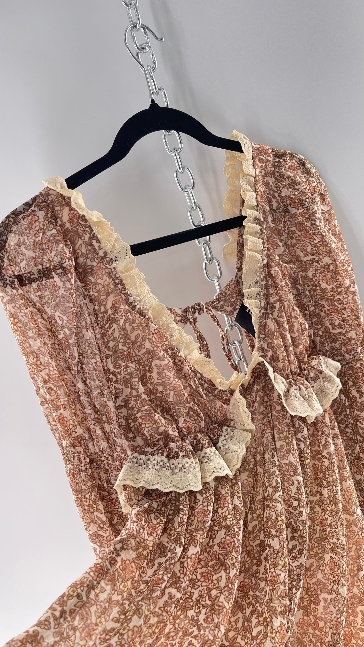 Free People Brown Floral Mini Dress with Beige Lace Lining and Puffy Balloon Sleeves (XS)