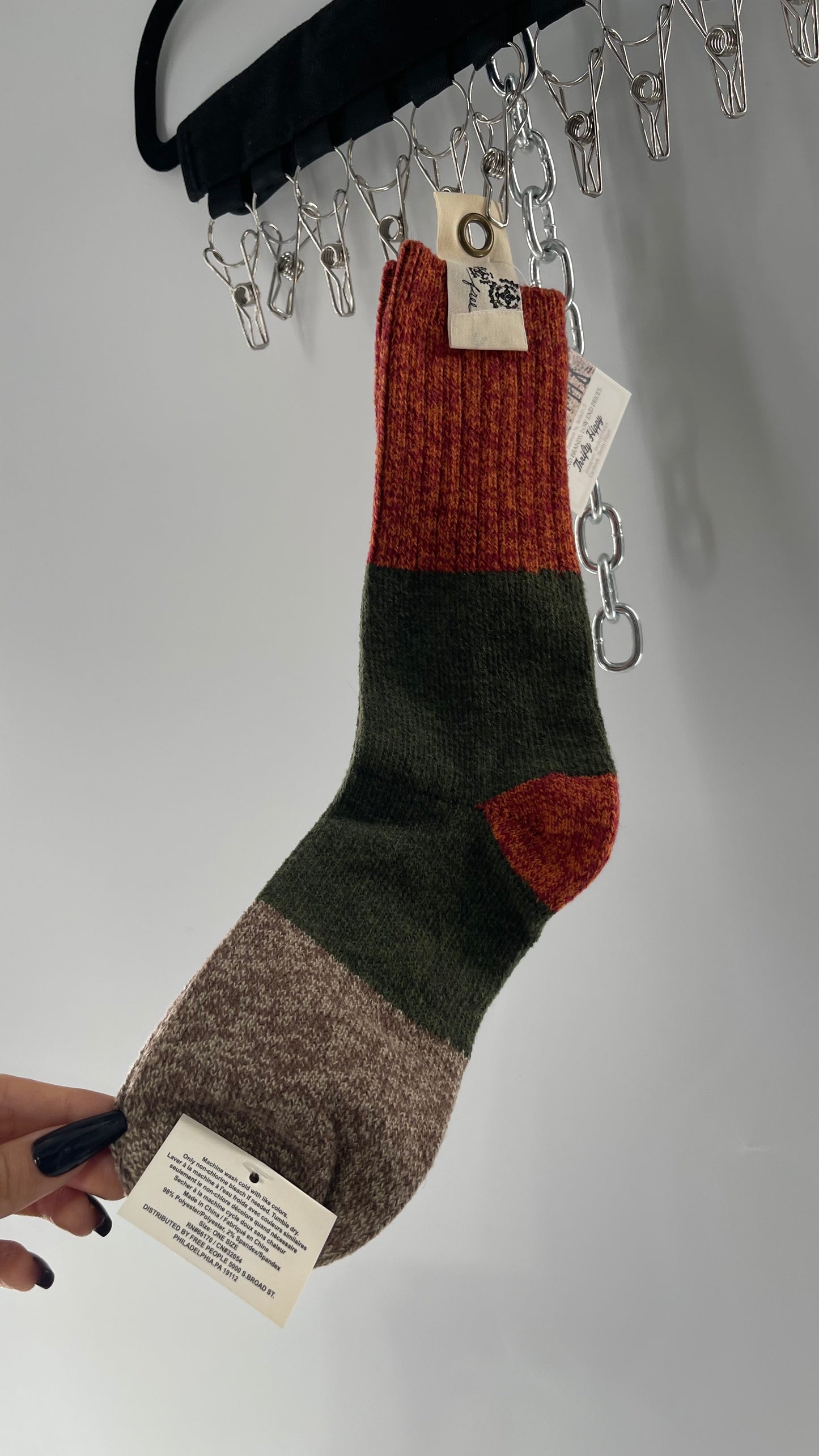 Free People Soft Orange, Army Green and Brown Color Blocked Sock