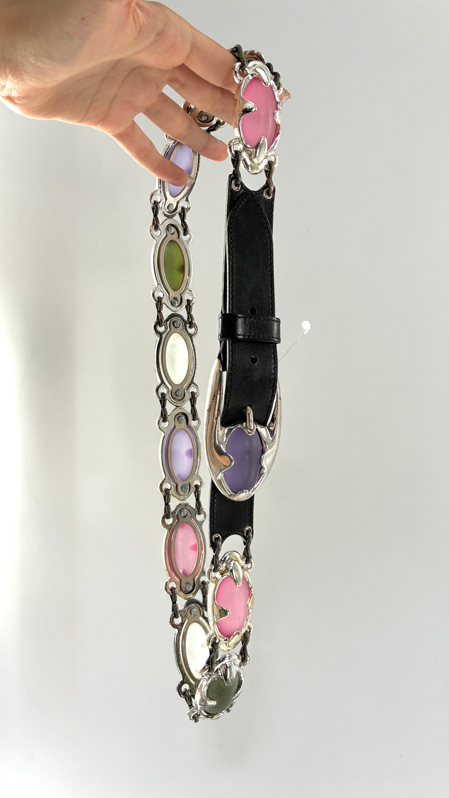 Vintage NEIMAN MARCUS Linea Pelle  Silver Metal Belt with Oversized, Sautered Gemstone Details Made in Italy (Medium)