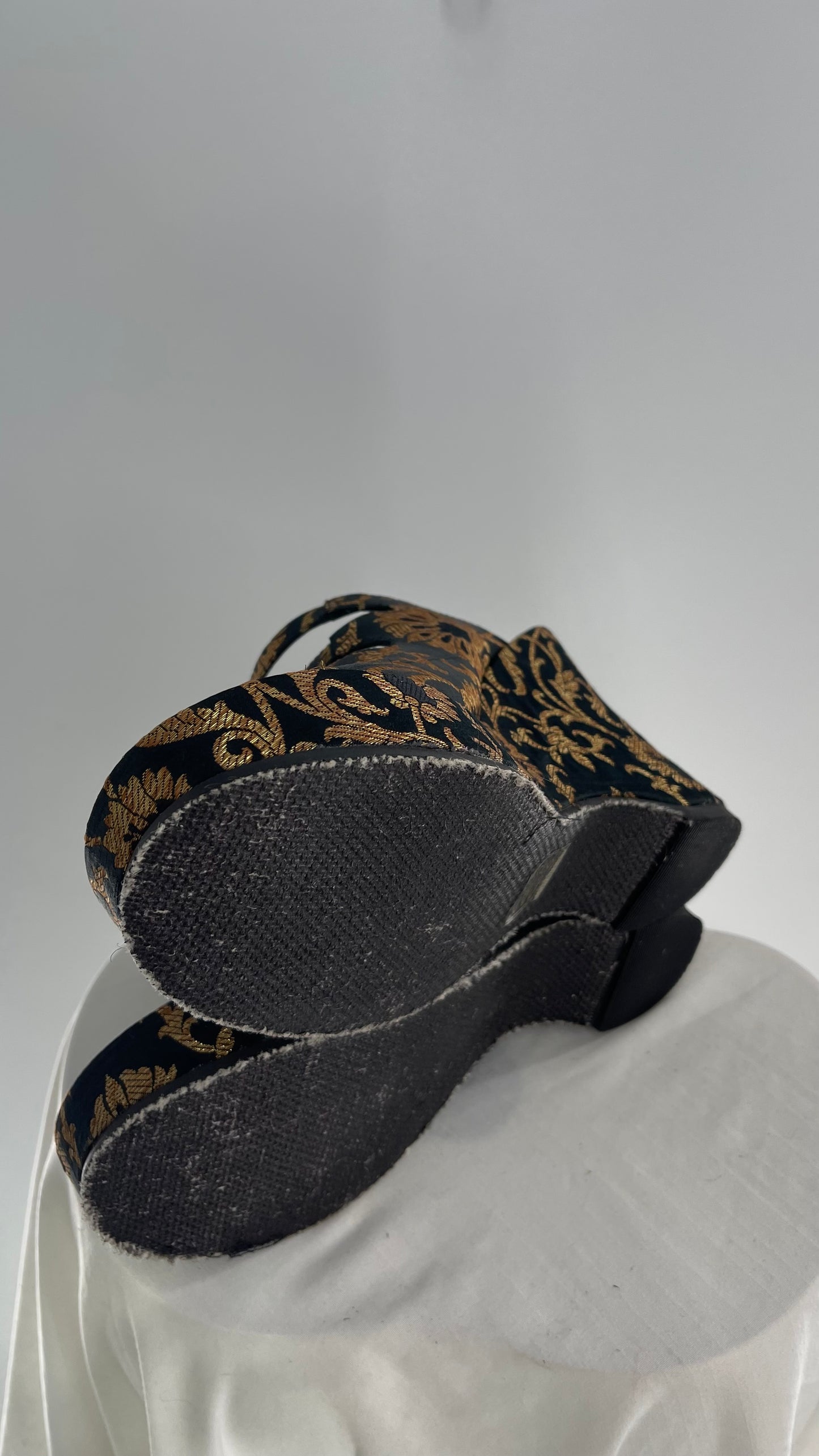 Free People Black Hoffman Buckle Front Wedge Heels with Satin Gold Paisley/Brocade Pattern (37)