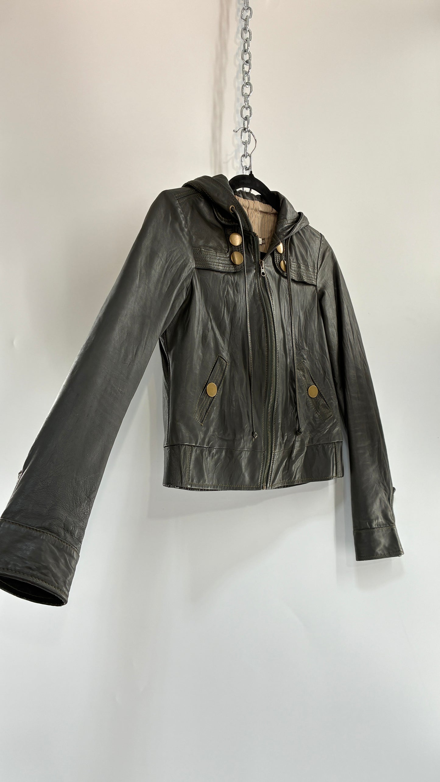 Vintage MIKE & CHRIS Grey Genuine Leather Hoodie Style Zip Front Jacket with Oversized Bronze Buttons and Contrast Stitching (XS)