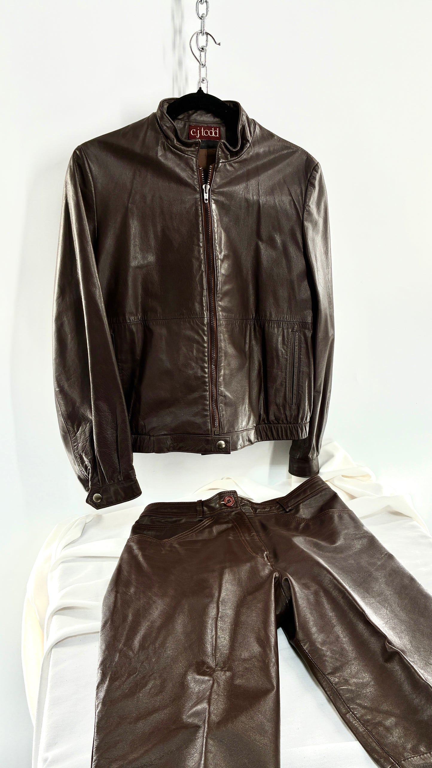 Vintage JORDACHE X CJ TODD Chocolate Brown Genuine Leather Trouser Moto Jacket Set (Small)