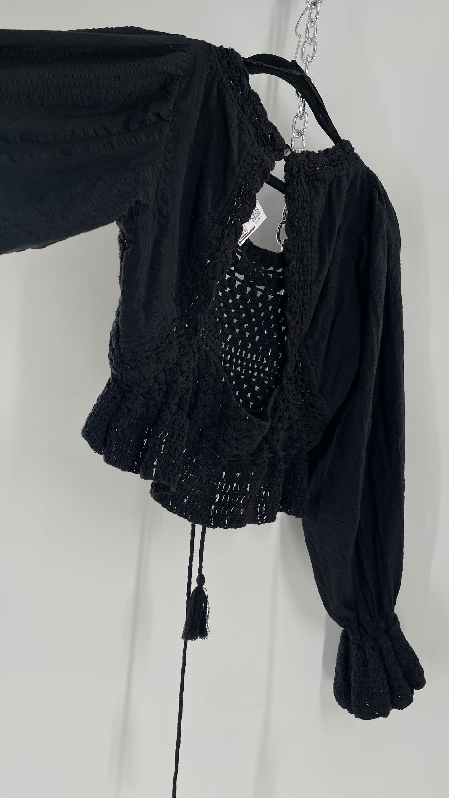 Free People Black ‘Megan’ Woven Macrame Crochet Cropped Blouse with Balloon Sleeves and Flared Cuffs (XS)