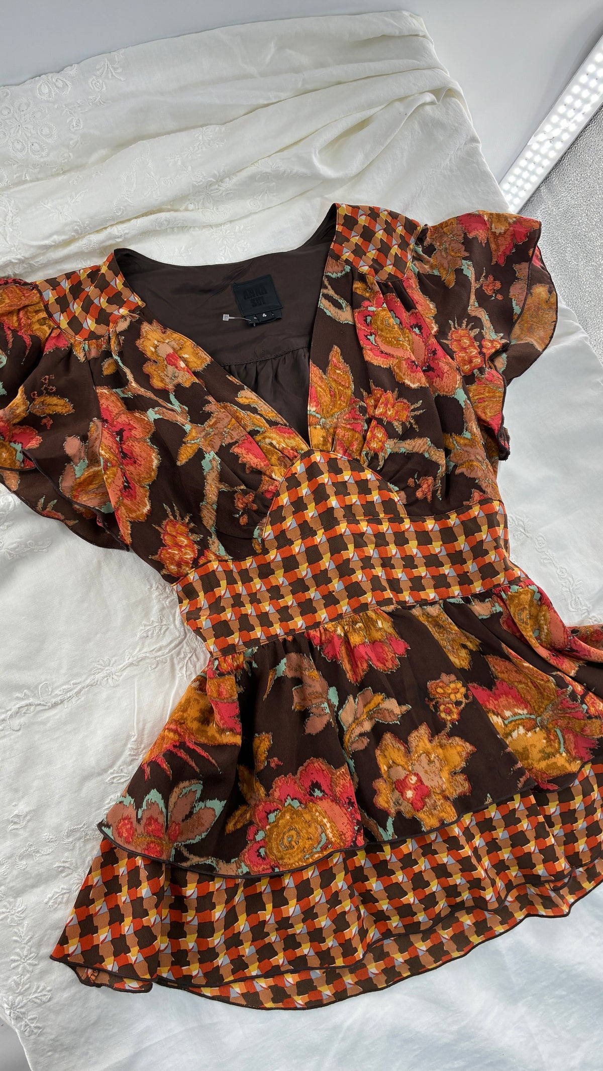 Vintage ANNA SUI 100% Silk Orange and Brown Mixed Pattern Blouse (4)
