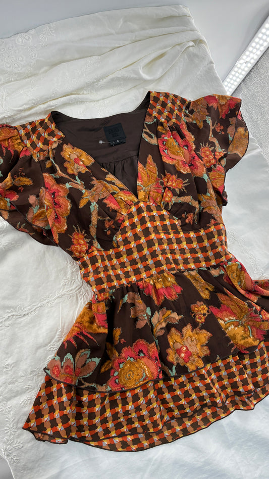 Vintage ANNA SUI 100% Silk Orange and Brown Mixed Pattern Blouse (4)