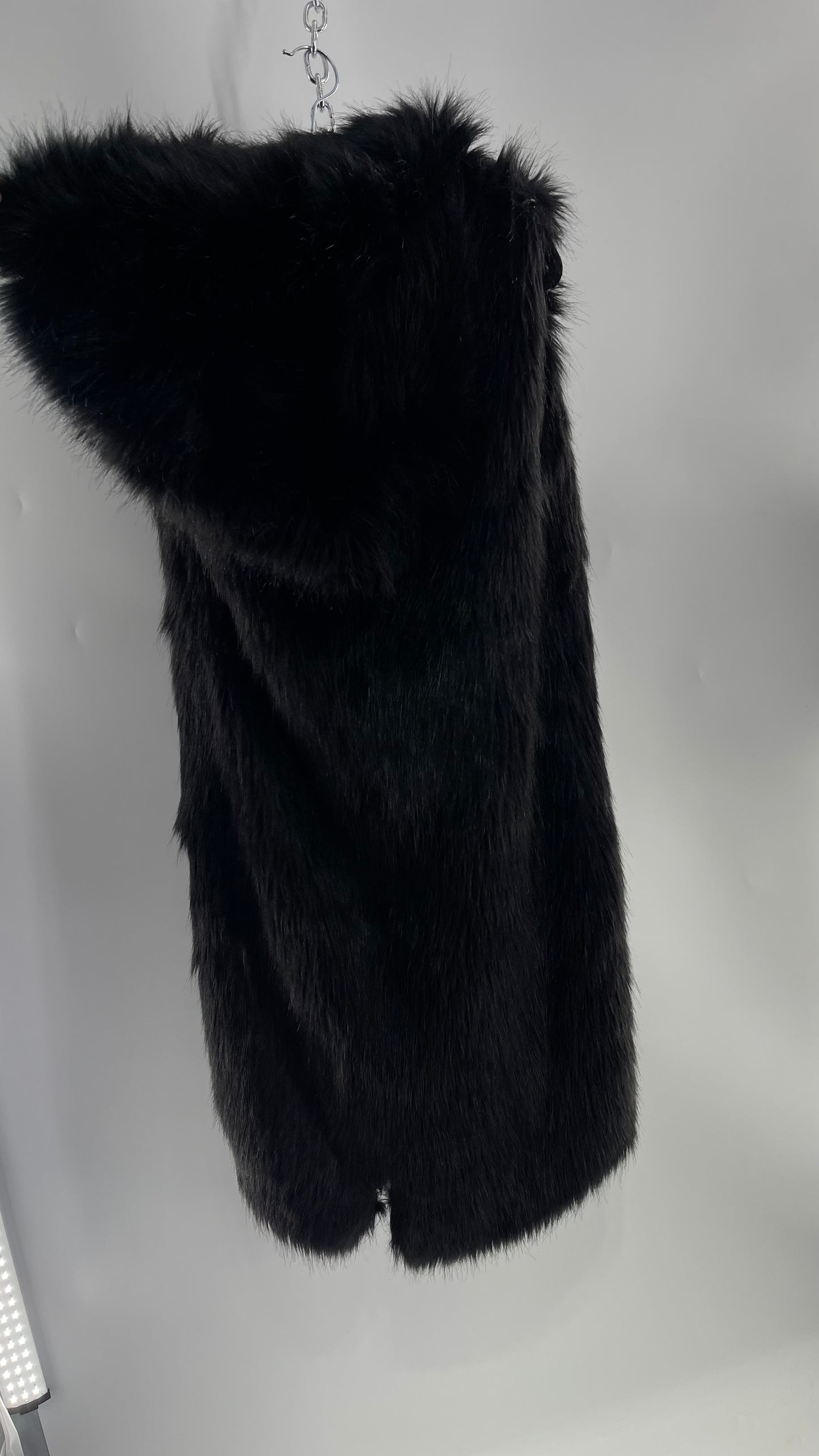 Full Length Black Fuzzy Sleeveless Vest with Oversized Hood (Medium)