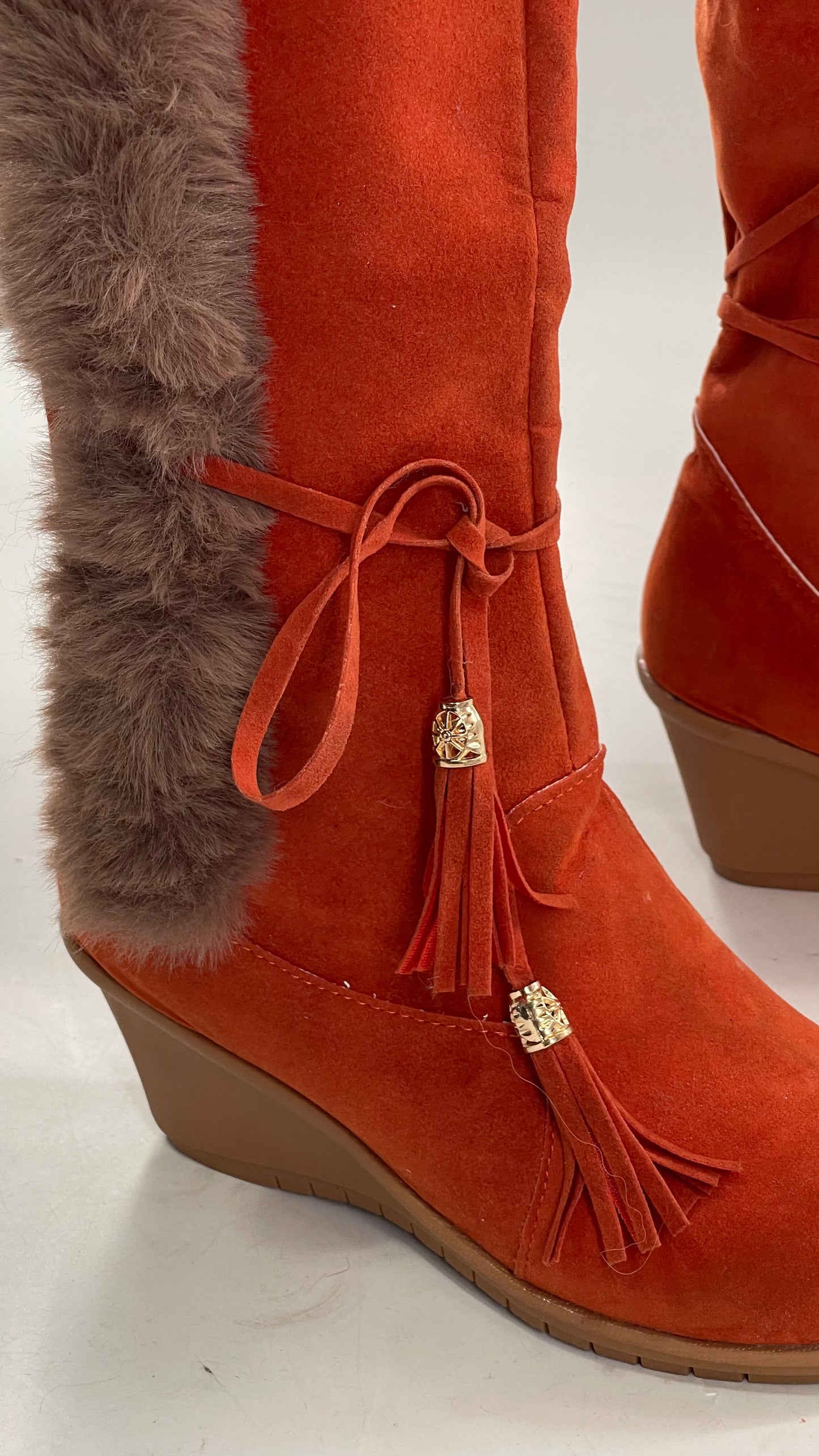 Faux Suede Lace Up Orange Wedge Boots with Faux Fur (37)