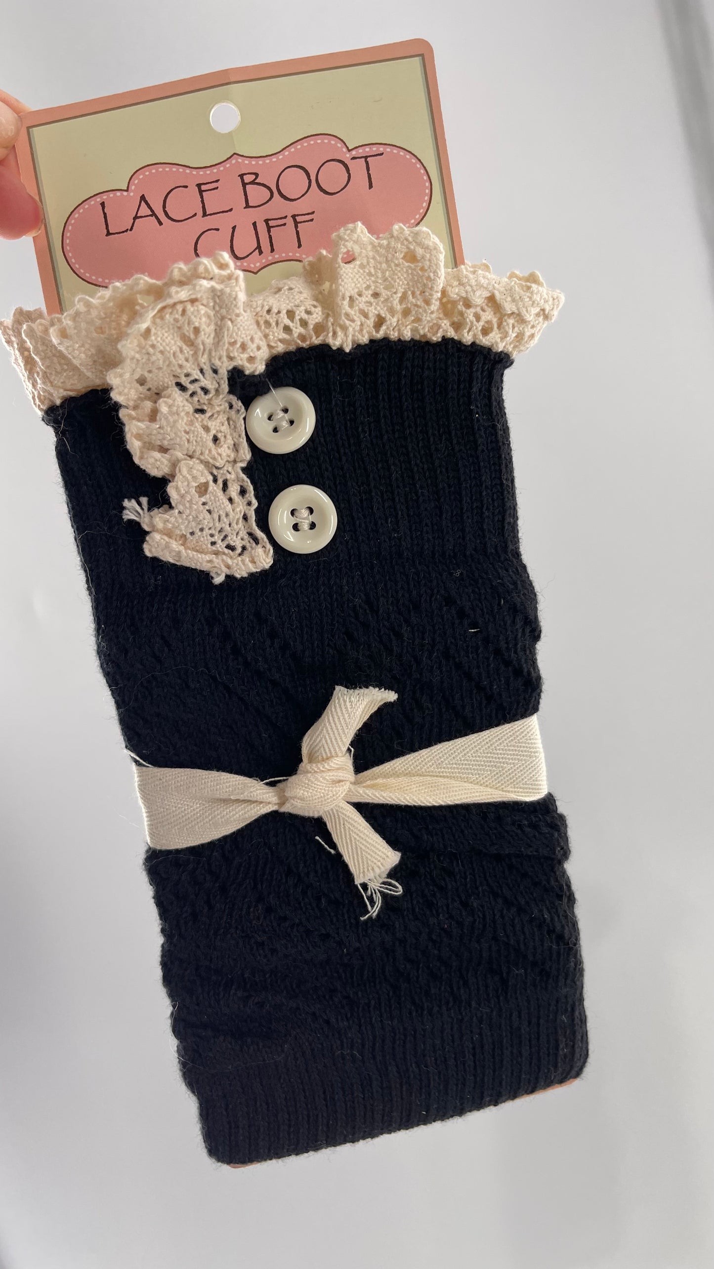 Deadstock Vintage Leg Warmers Black with Beige Lace Trim and Buttons