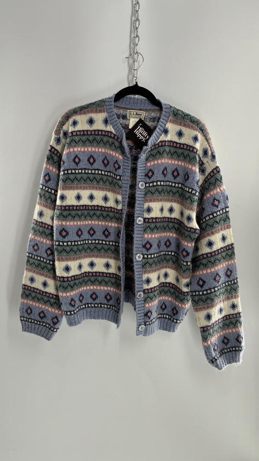 Vintage LL Bean 25% Mohair   Striped Knit Blue Green Pink Cardigan (XL)