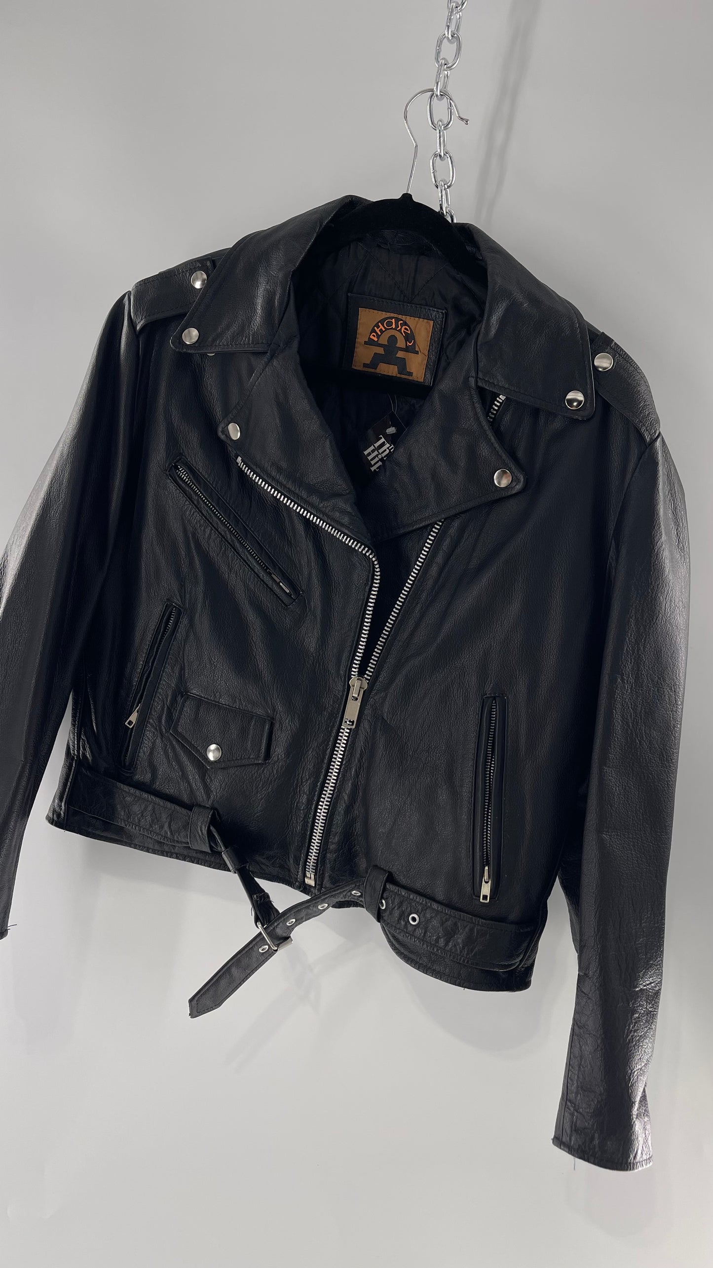 Vintage PHASE II Leather Motorcycle Jacket with Heavy Metal Detailing  (Large)