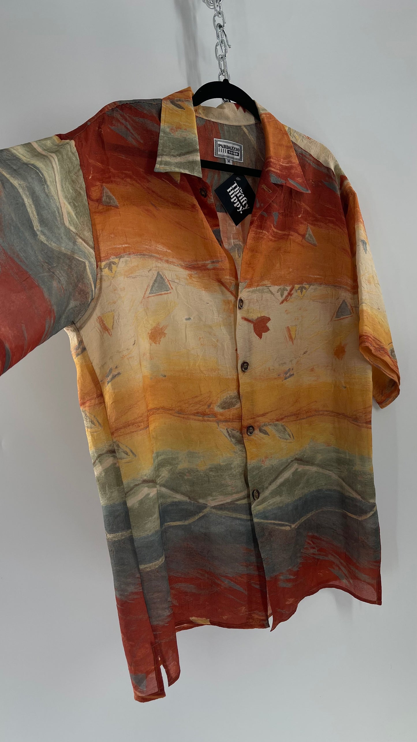 Vintage Pardazzio Uomo Sheer Crimped Abstract Fall Short Sleeve Button Up (Medium)