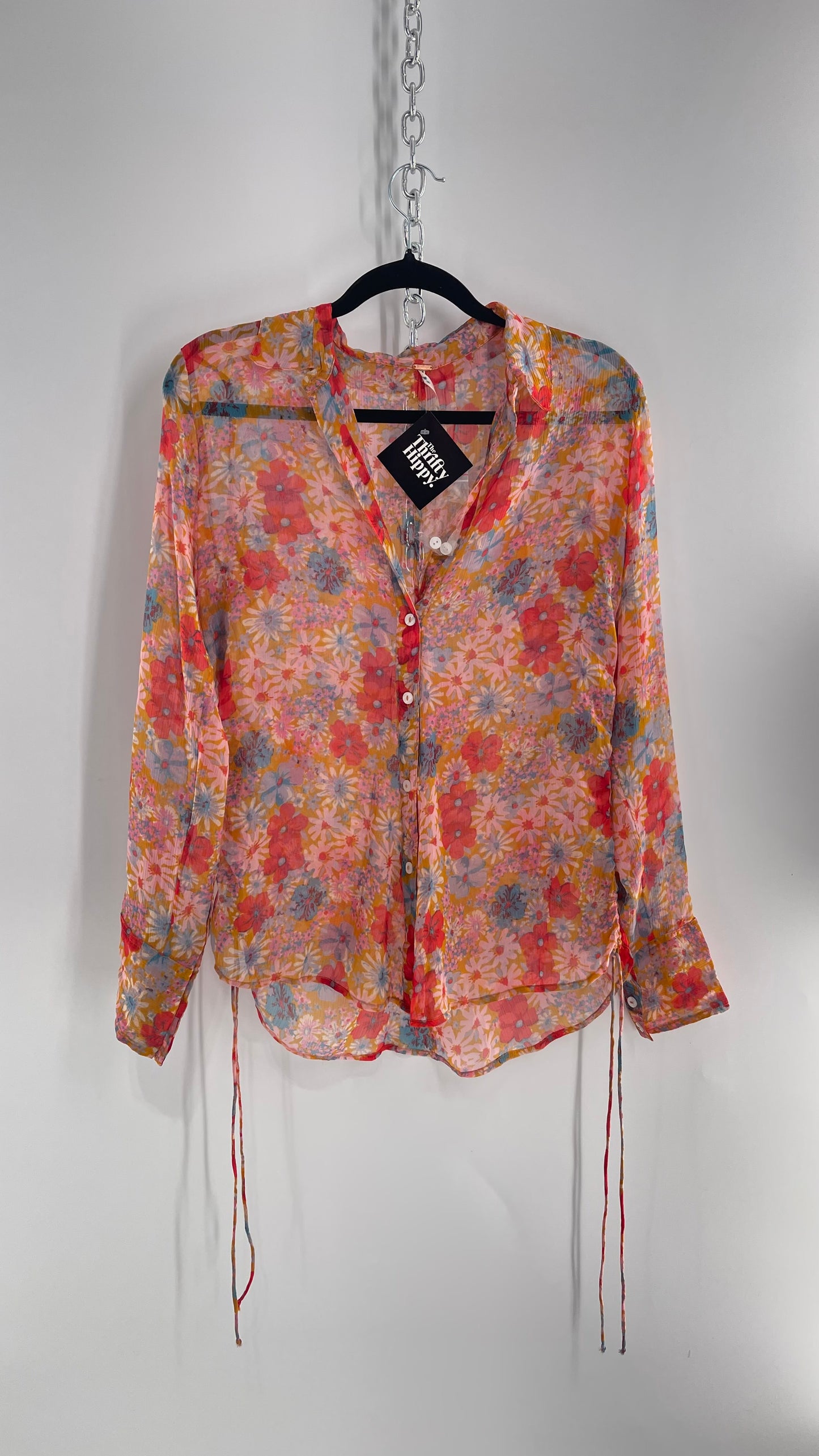 Free People Sheer Orange Floral Button Up with Ruched Sides (XS)