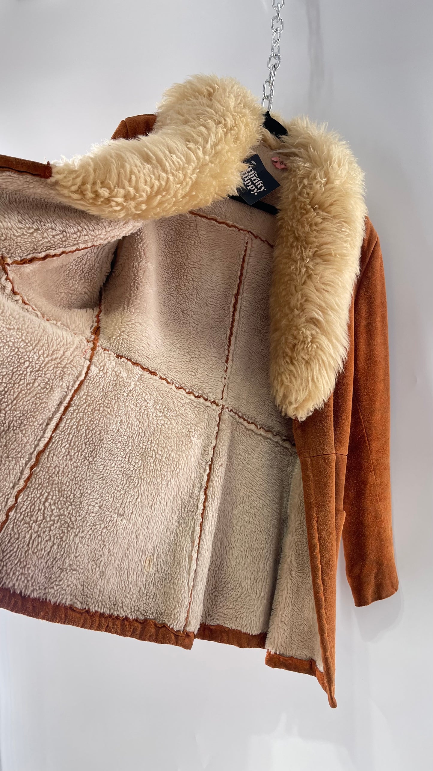 1970s Vintage Burnt Orange Suede Thick Heavy Sherpa Lined Jacket with Genuine Fur Collar (C)(Medium)