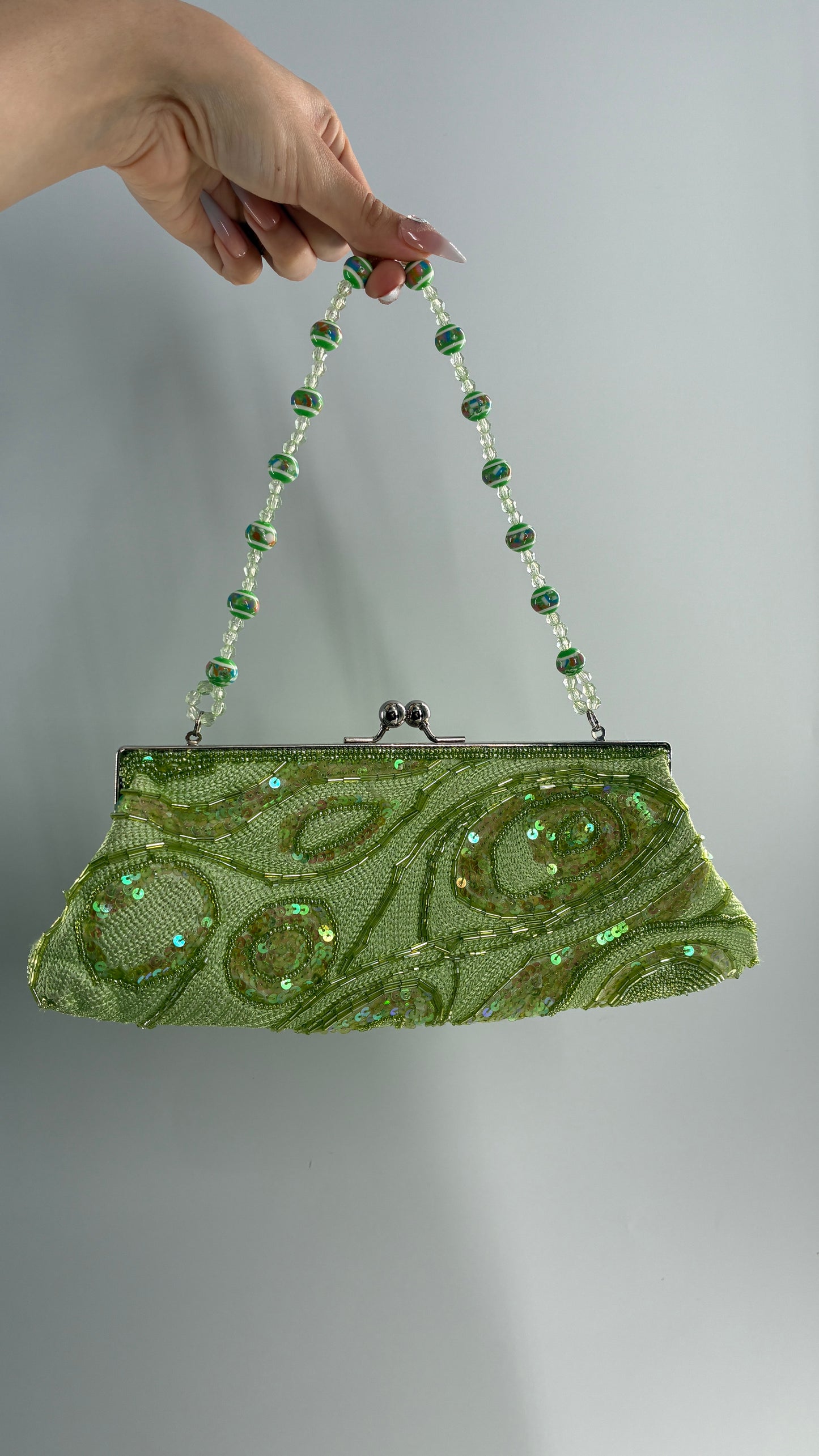 Vintage 1990s Light Green Knit Shoulder Purse with Sequins and Beaded Details