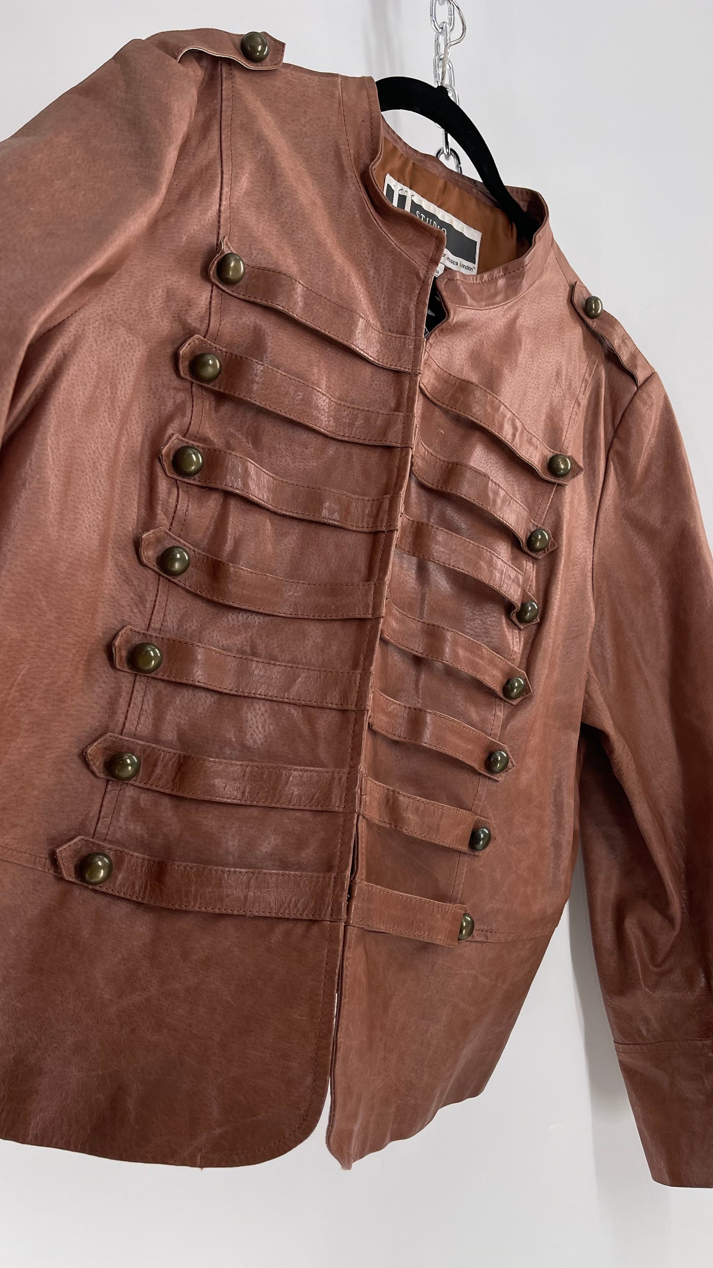 Vintage JL Studio Brown Leather Double Breasted Steampunk Military Drummer Jacket with Brass Toned Buttons (24W)