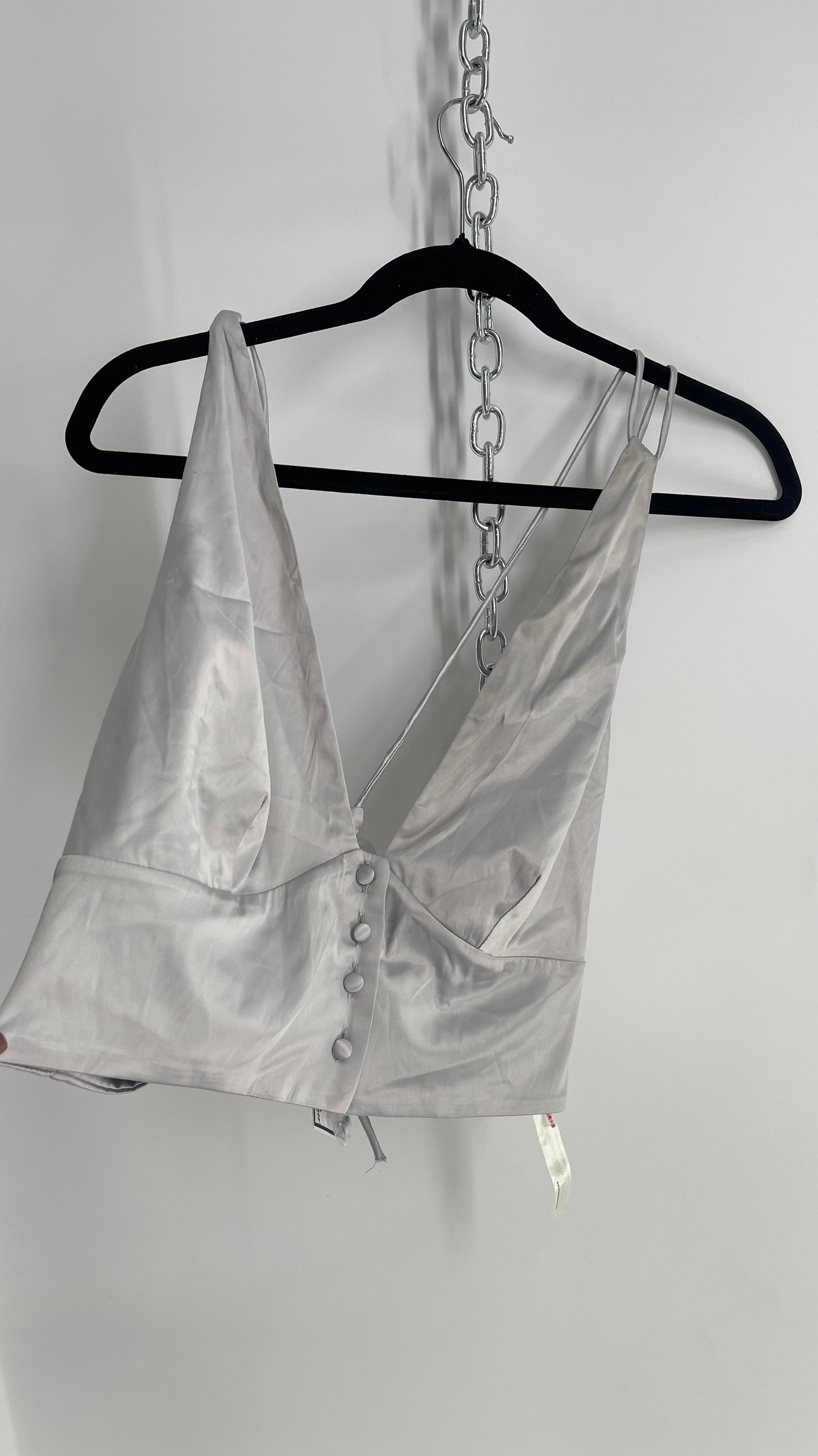 Free People Silver Satin Button Front Halter (XL)