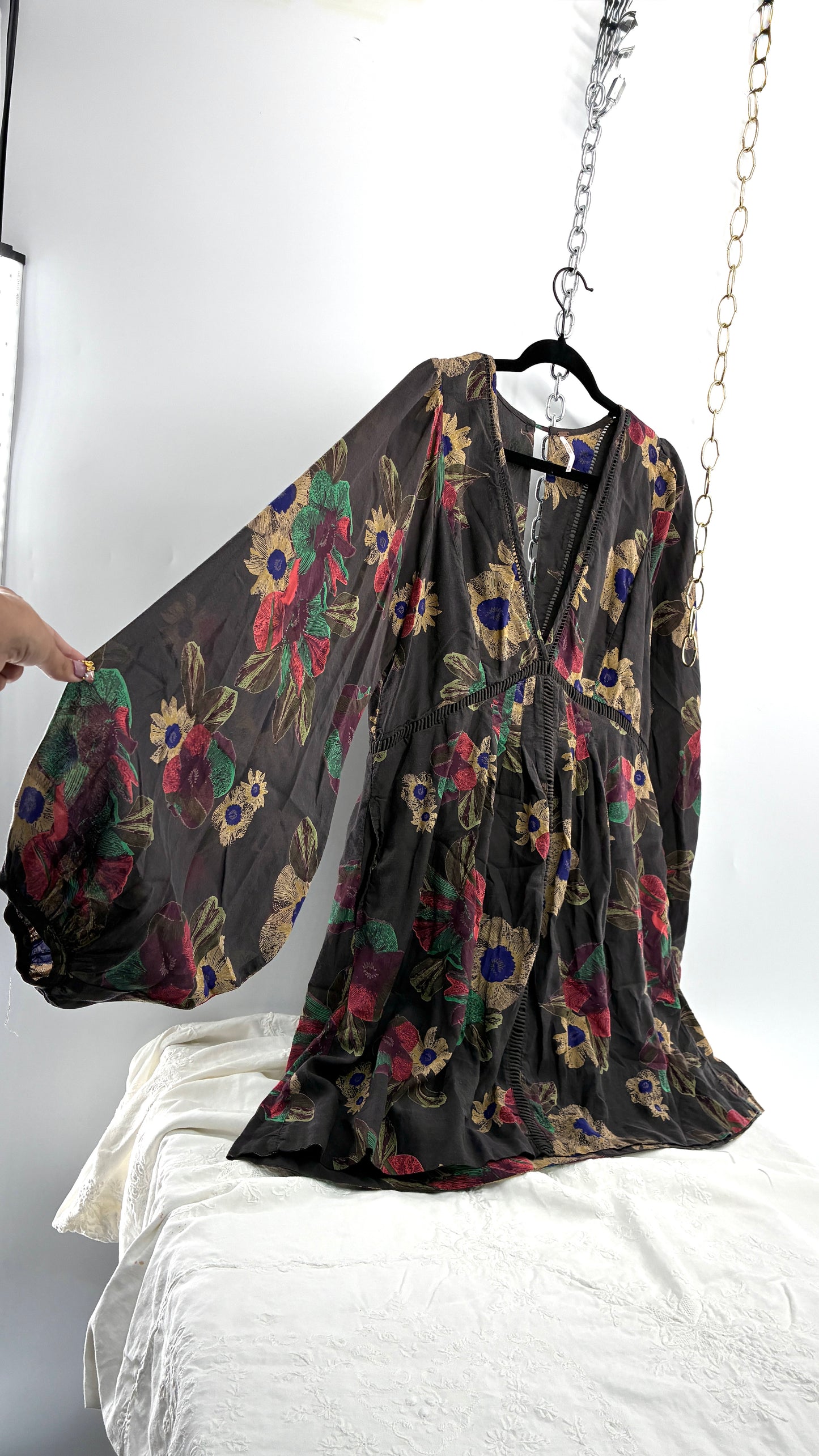 Vintage Free People Slate Grey Dress with Primary Florals (Medium)